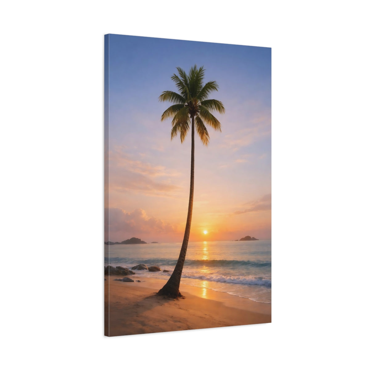 Side Mockup 1. Nature Palm Tree Orange And Blue shown as stretched canvas wall art