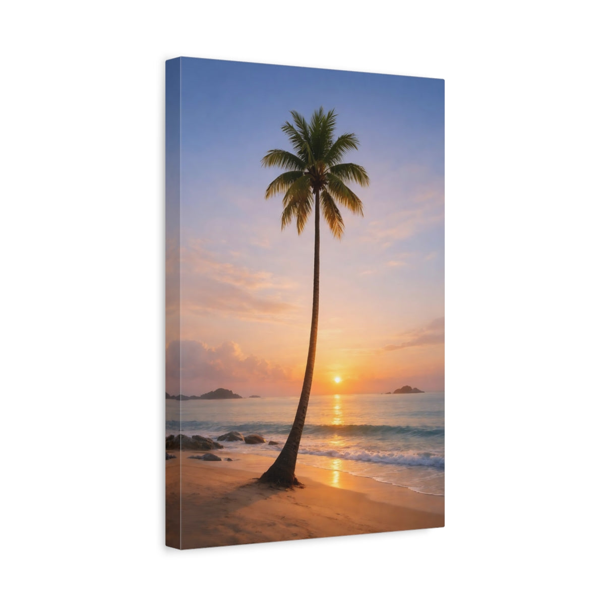Side Mockup 4. Nature Palm Tree Orange And Blue shown as stretched canvas wall art