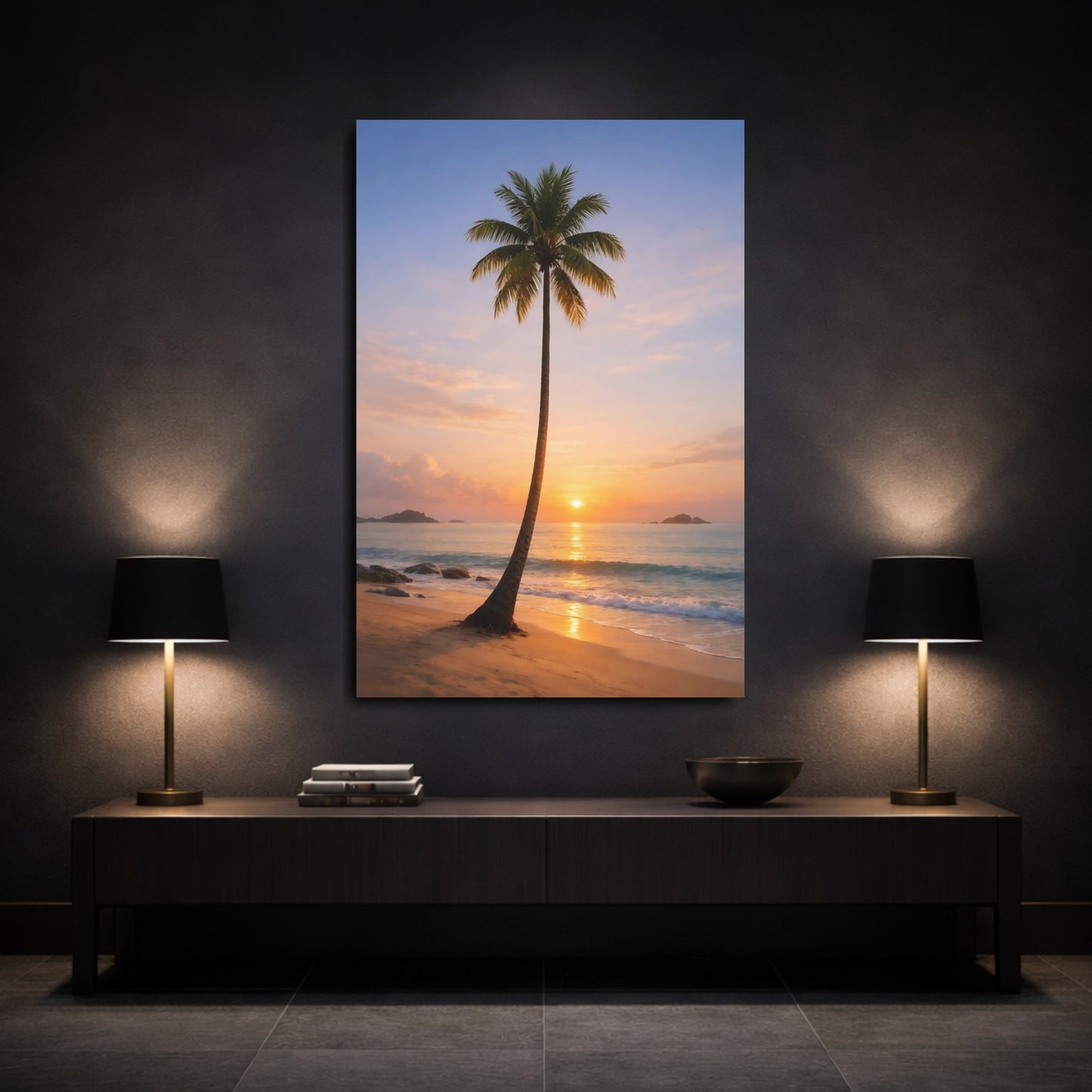 Mockup 2. Nature Palm Tree Orange And Blue shown as stretched canvas wall art