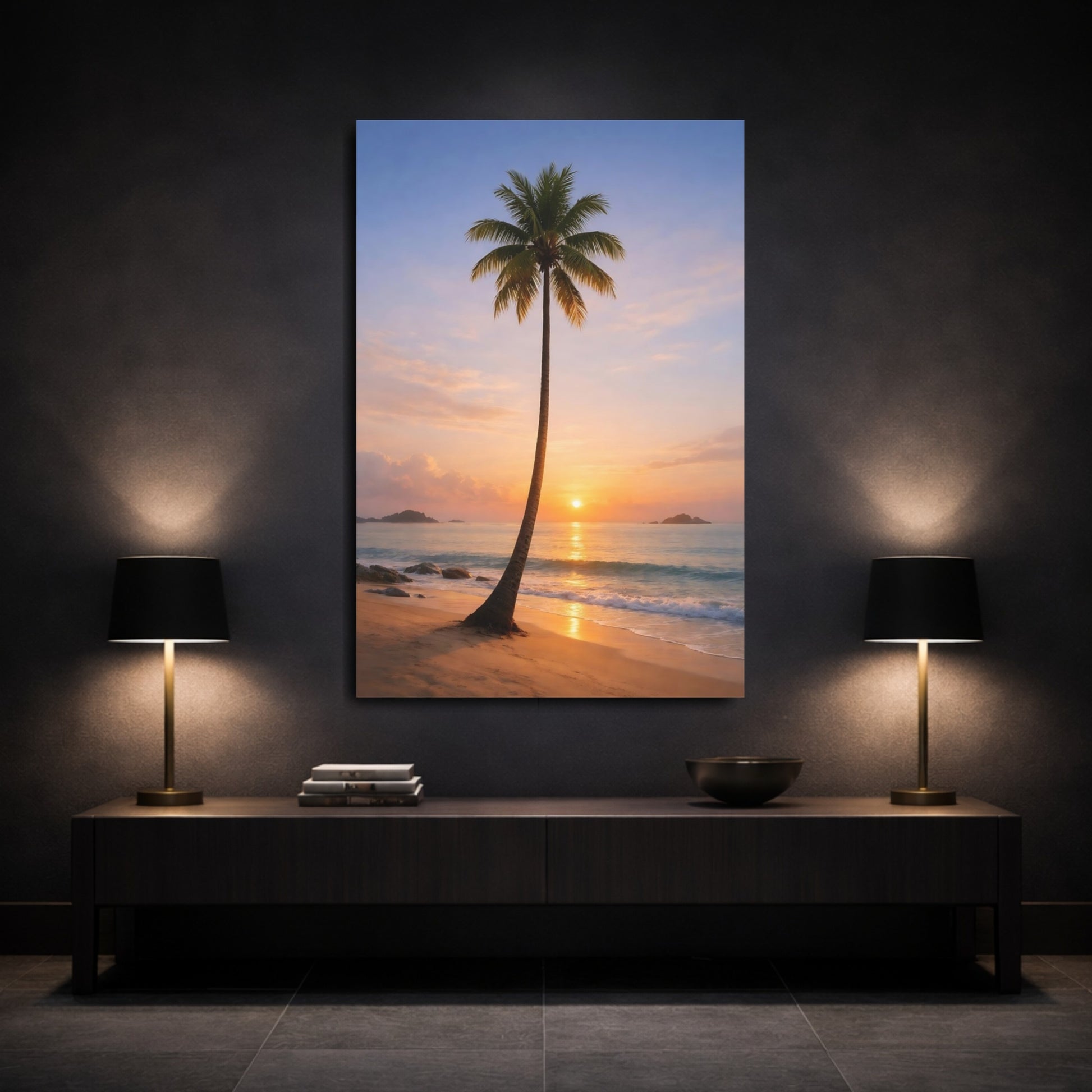 Mockup 2. Nature Palm Tree Orange And Blue shown as stretched canvas wall art