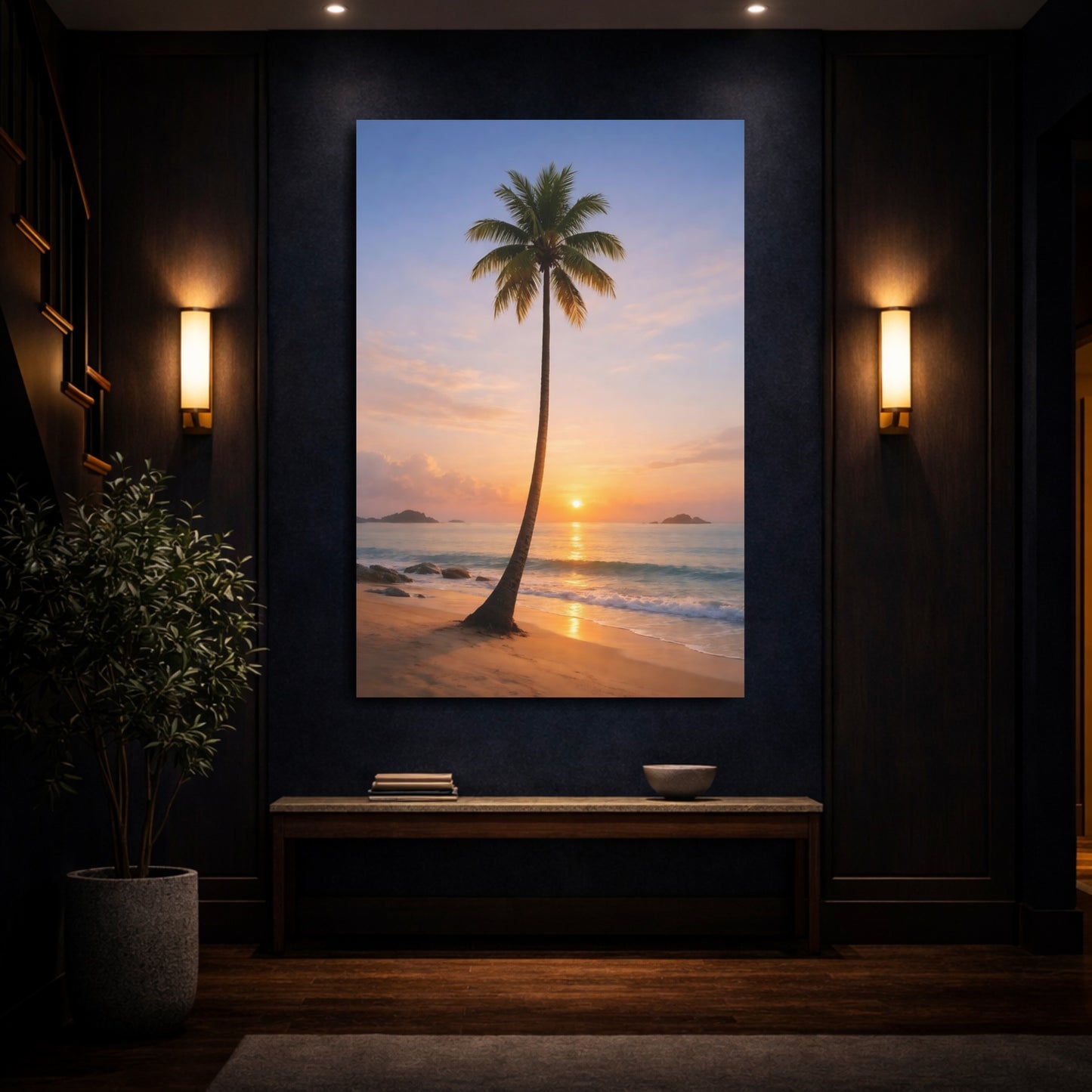 Mockup 3. Nature Palm Tree Orange And Blue shown as stretched canvas wall art