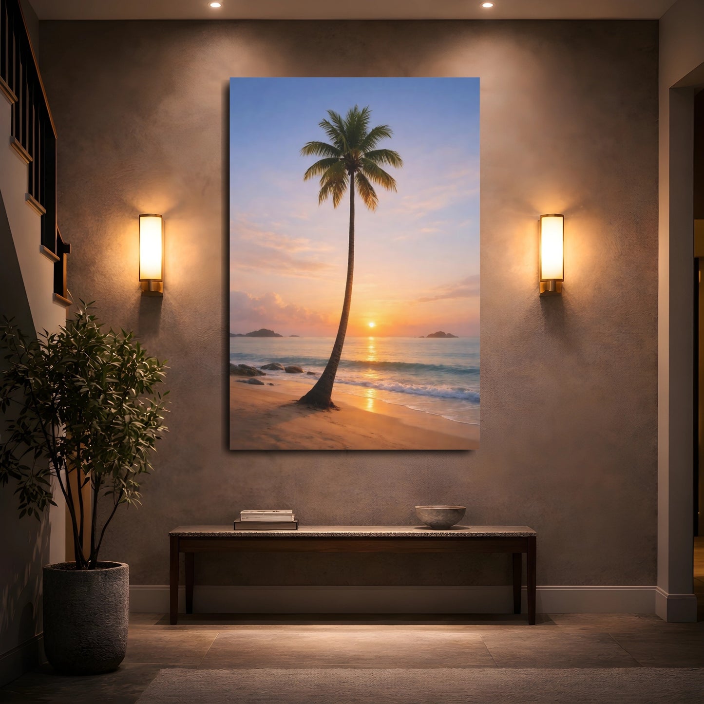 Mockup 4. Nature Palm Tree Orange And Blue shown as stretched canvas wall art