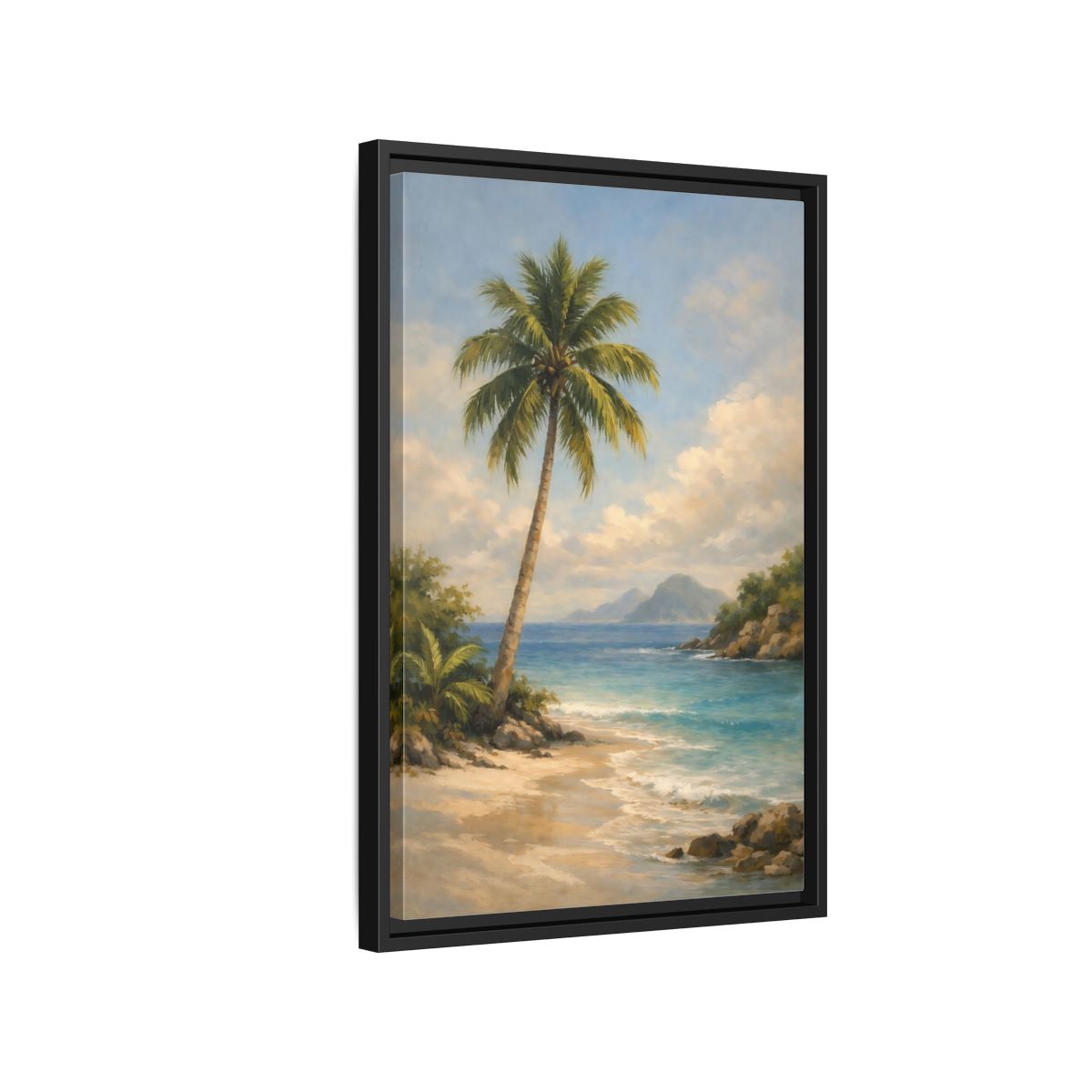 Side Mockup 3. Nature Palm Tree Tropical Beach shown as stretched canvas wall art
