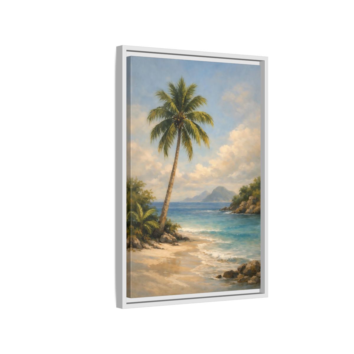 Side Mockup 1. Nature Palm Tree Tropical Beach shown as stretched canvas wall art