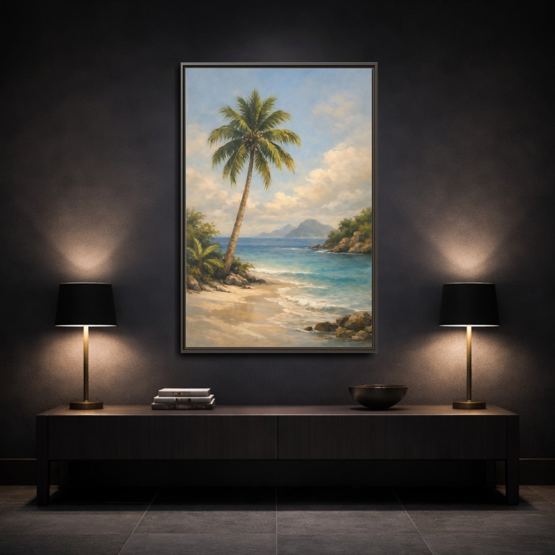 Mockup 2. Nature Palm Tree Tropical Beach shown as stretched canvas wall art
