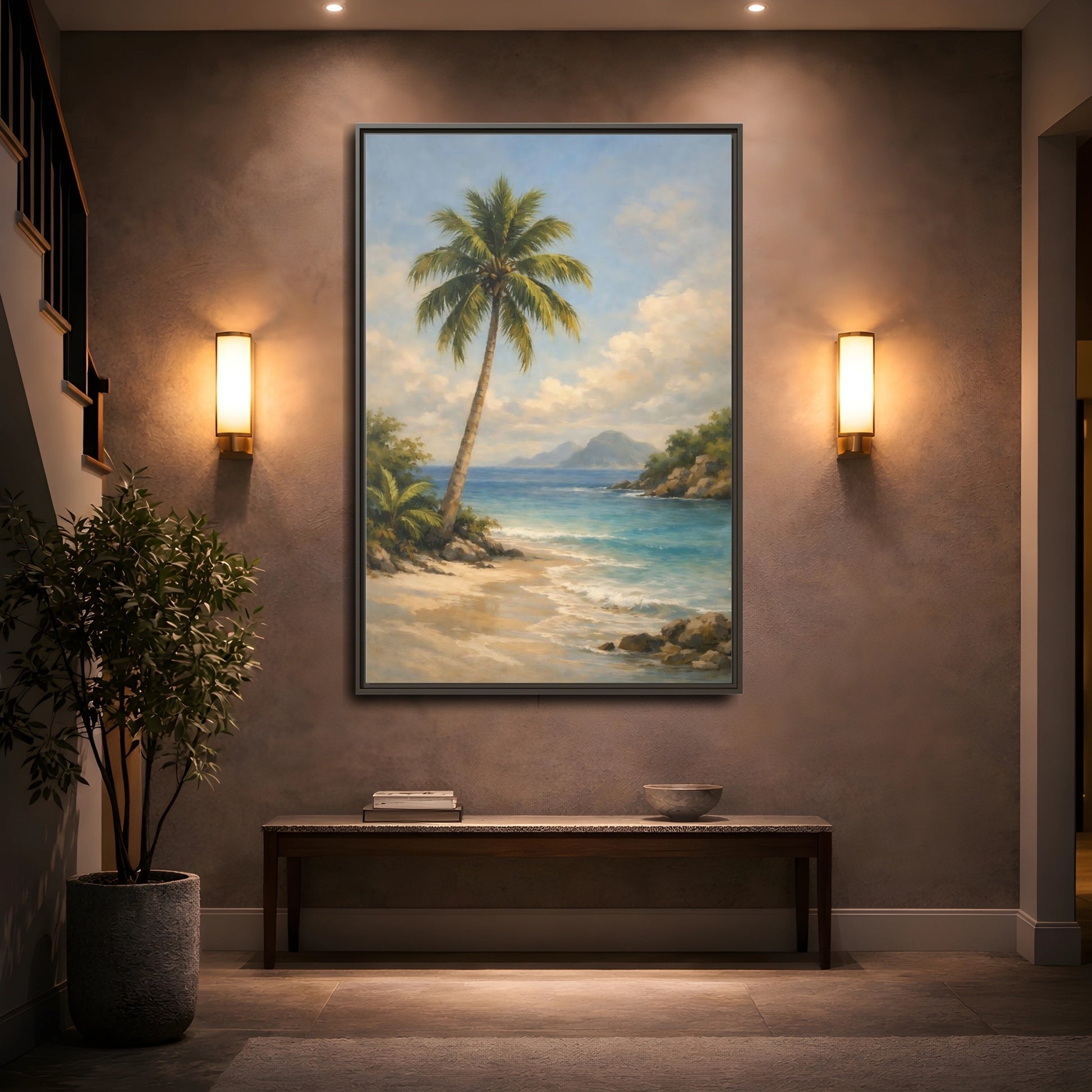 Mockup 4. Nature Palm Tree Tropical Beach shown as stretched canvas wall art