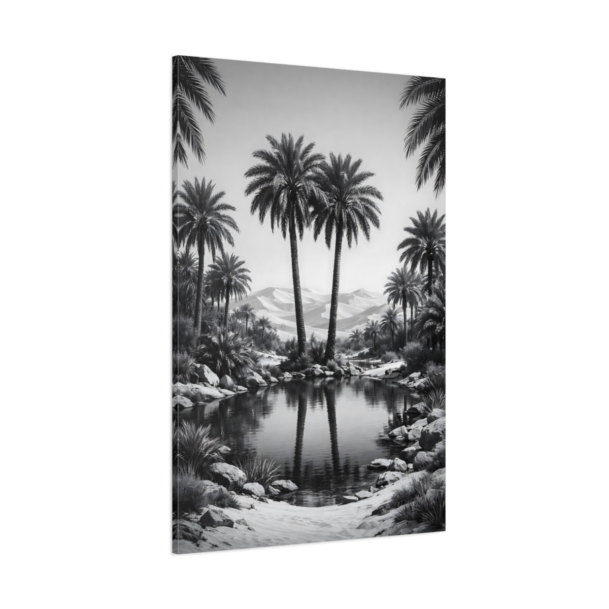 Main Mockup. Nature Palm Trees Black And White shown as stretched canvas wall art