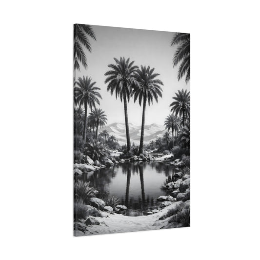 Main Mockup. Nature Palm Trees Black And White shown as stretched canvas wall art