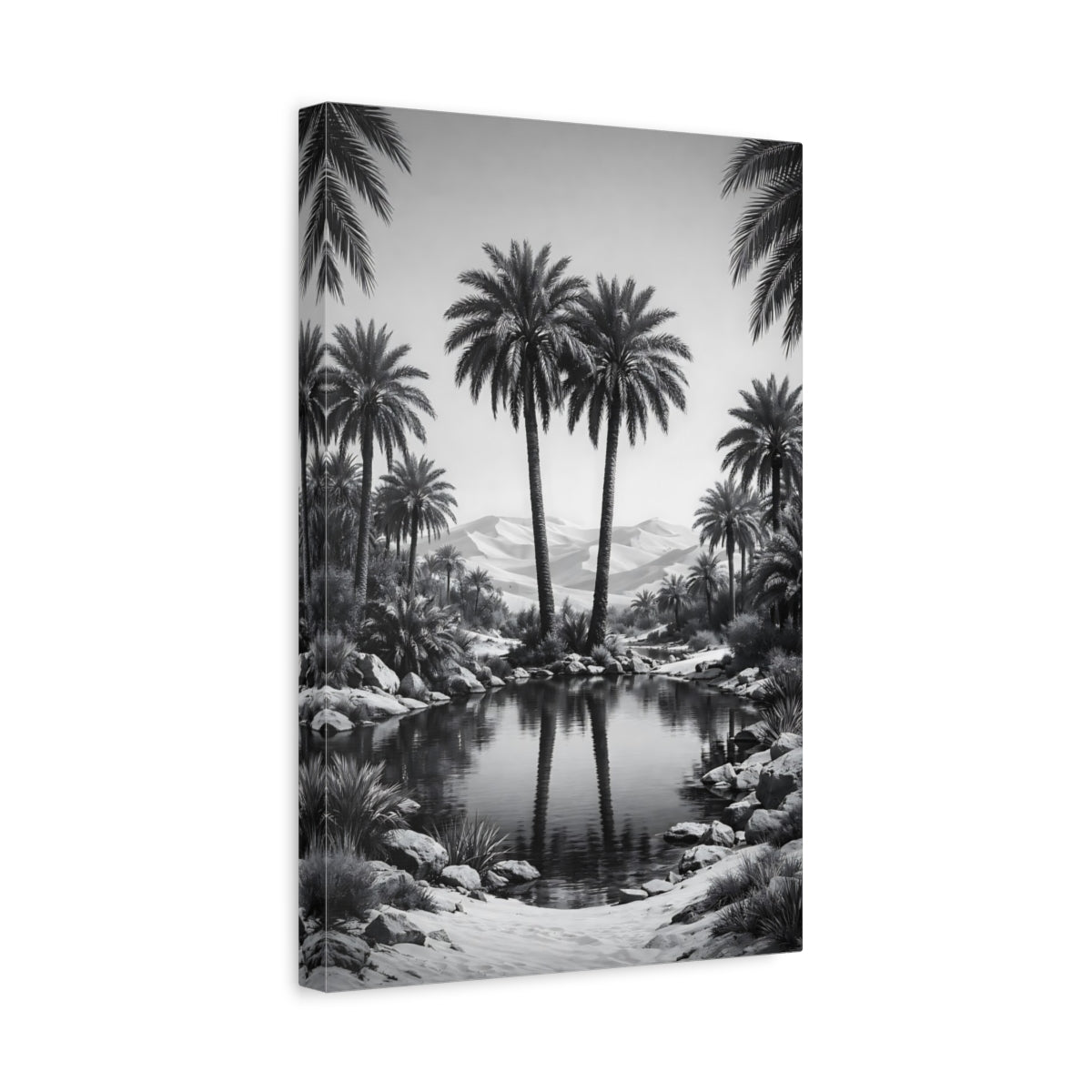 Side Mockup 4. Nature Palm Trees Black And White shown as stretched canvas wall art