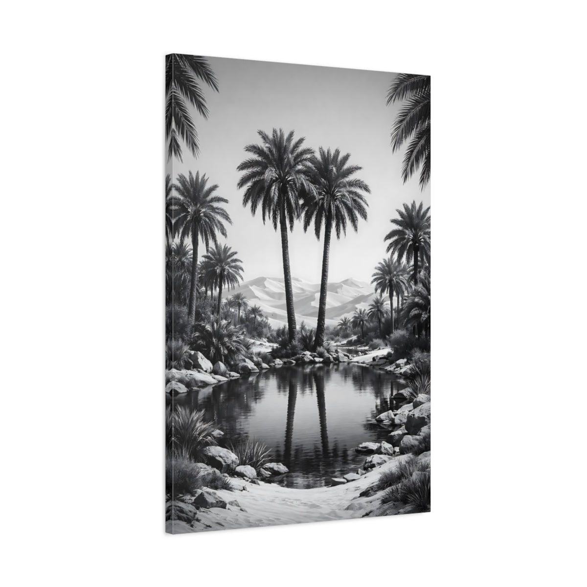 Side Mockup 1. Nature Palm Trees Black And White shown as stretched canvas wall art