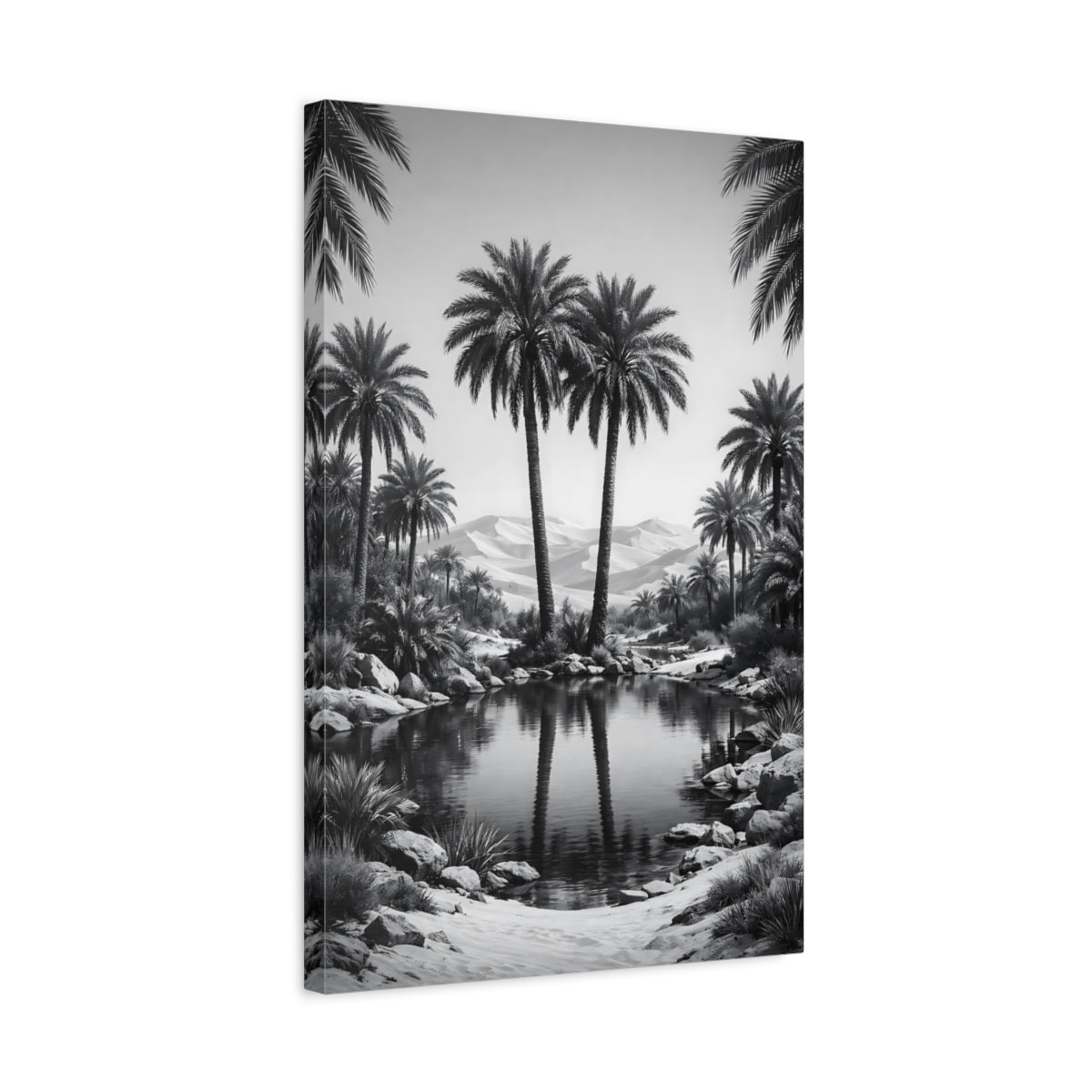 Side Mockup 3. Nature Palm Trees Black And White shown as stretched canvas wall art