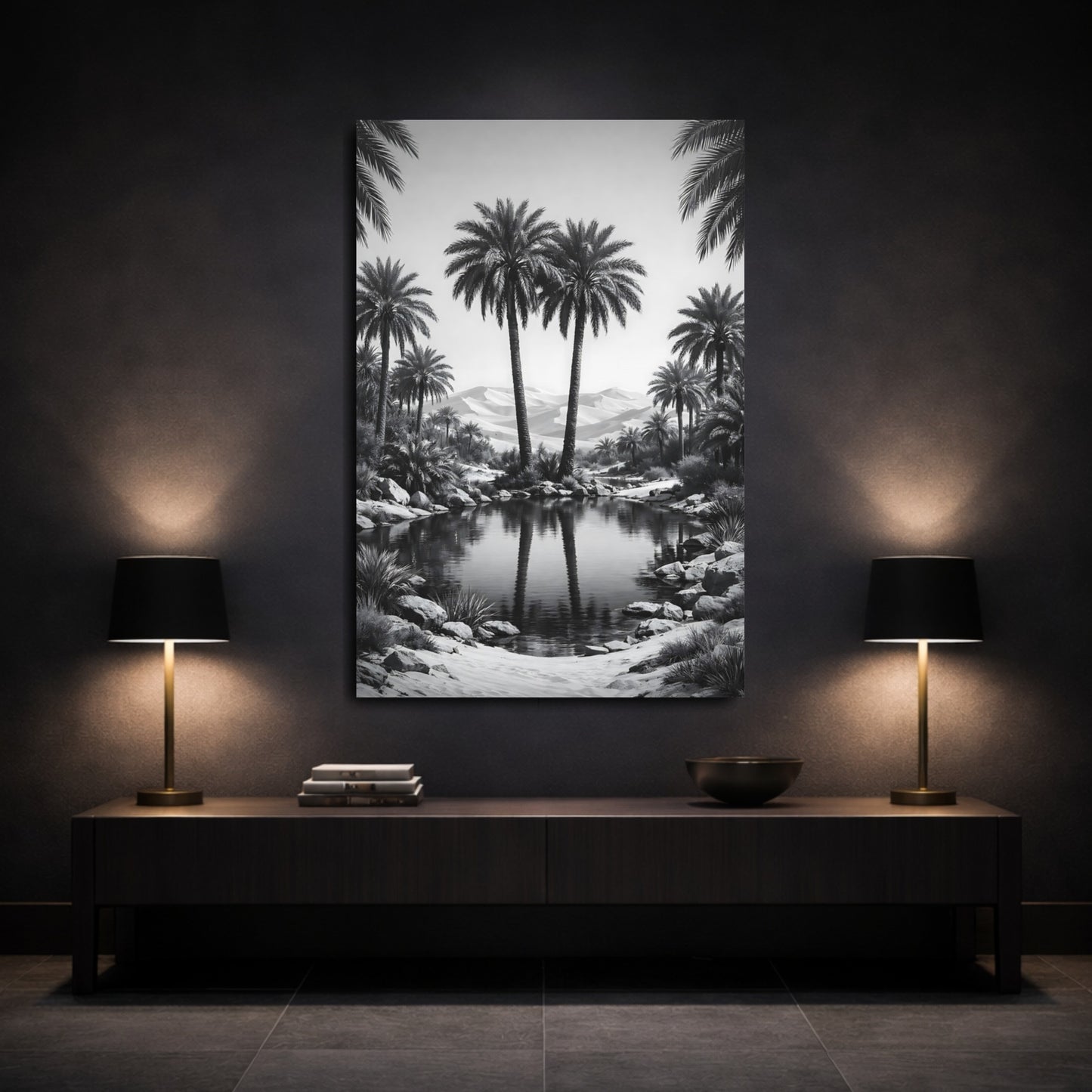Mockup 2. Nature Palm Trees Black And White shown as stretched canvas wall art
