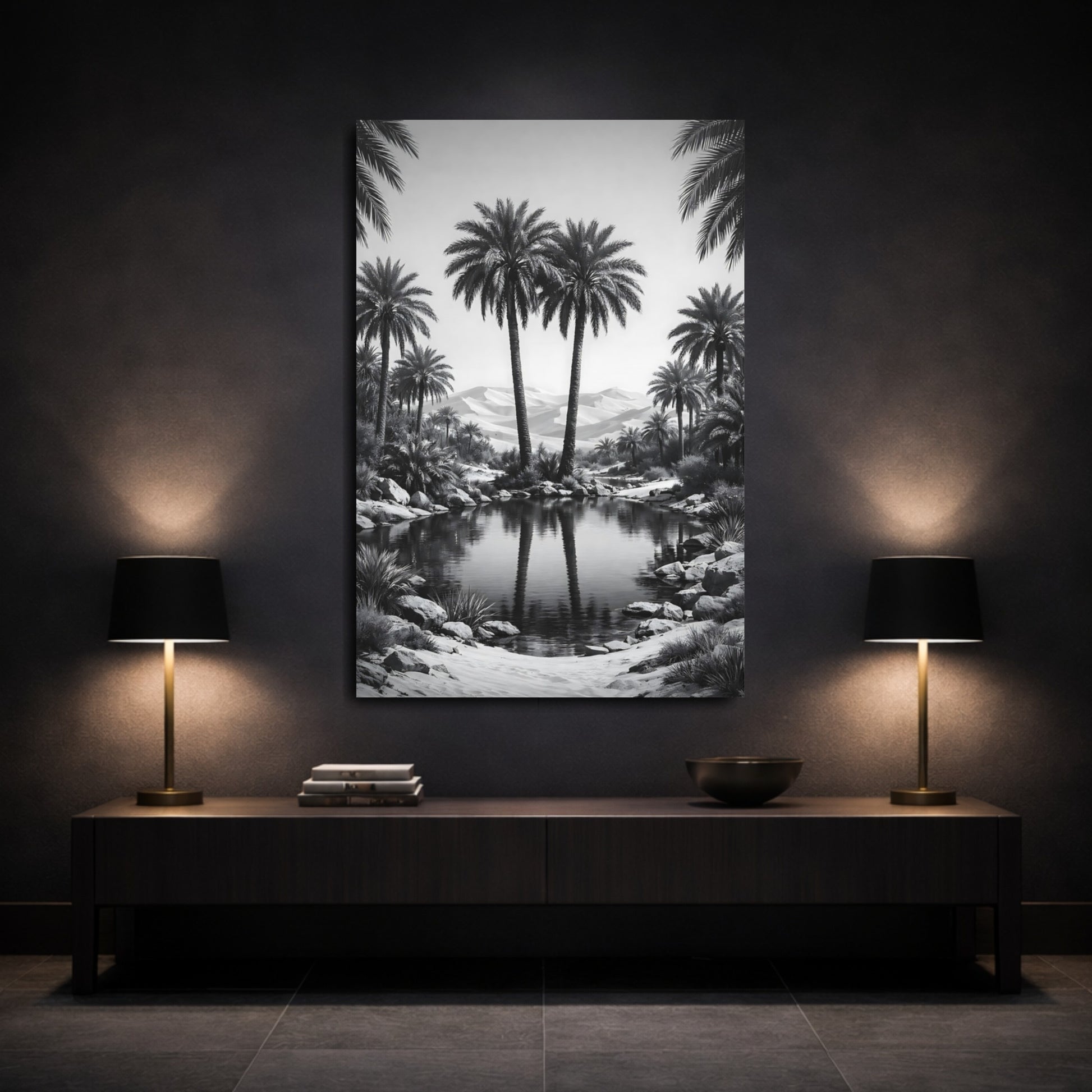 Mockup 2. Nature Palm Trees Black And White shown as stretched canvas wall art
