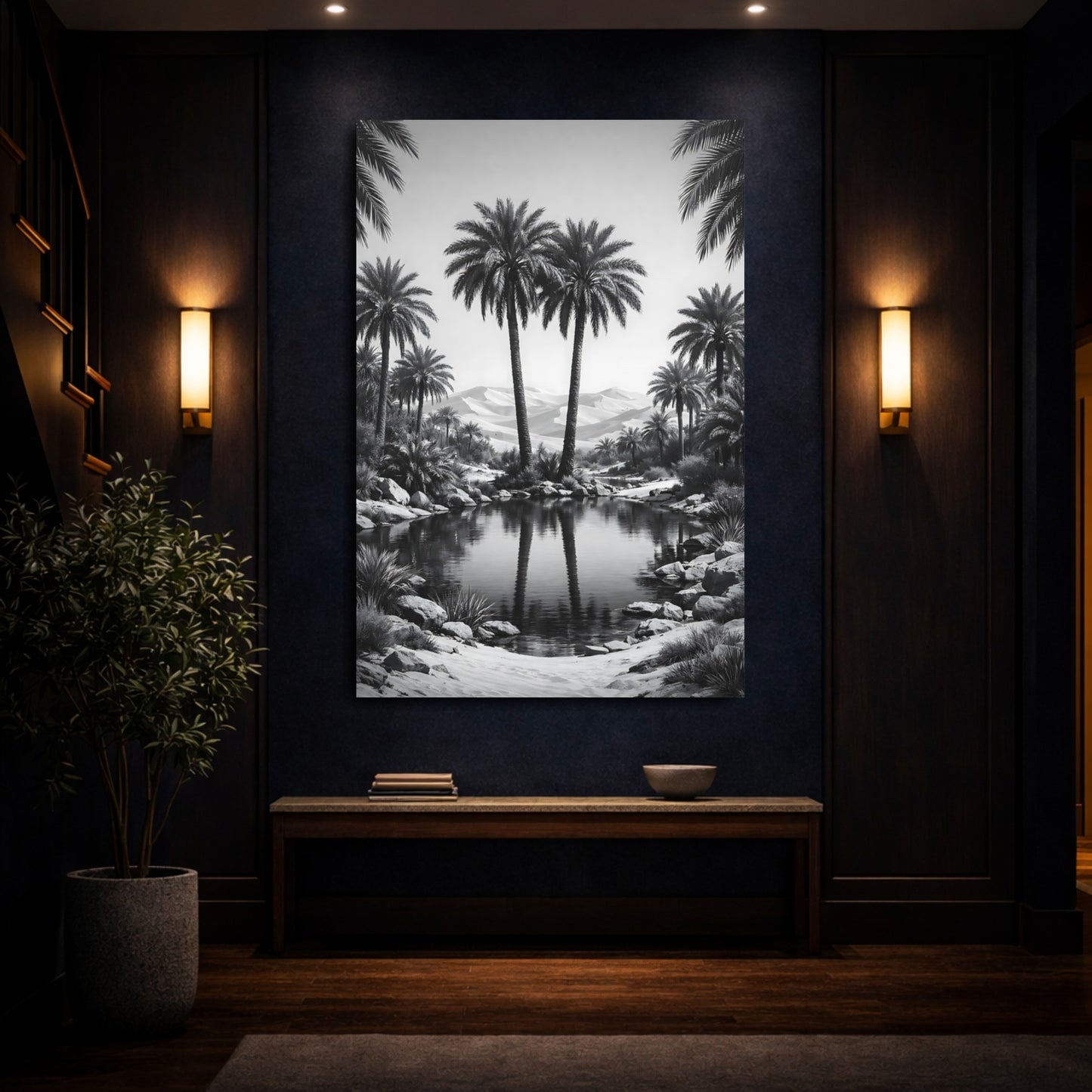Mockup 3. Nature Palm Trees Black And White shown as stretched canvas wall art