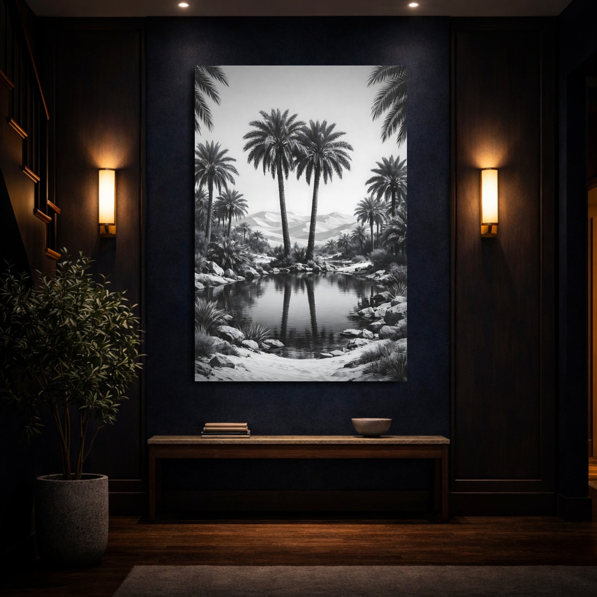 Mockup 3. Nature Palm Trees Black And White shown as stretched canvas wall art