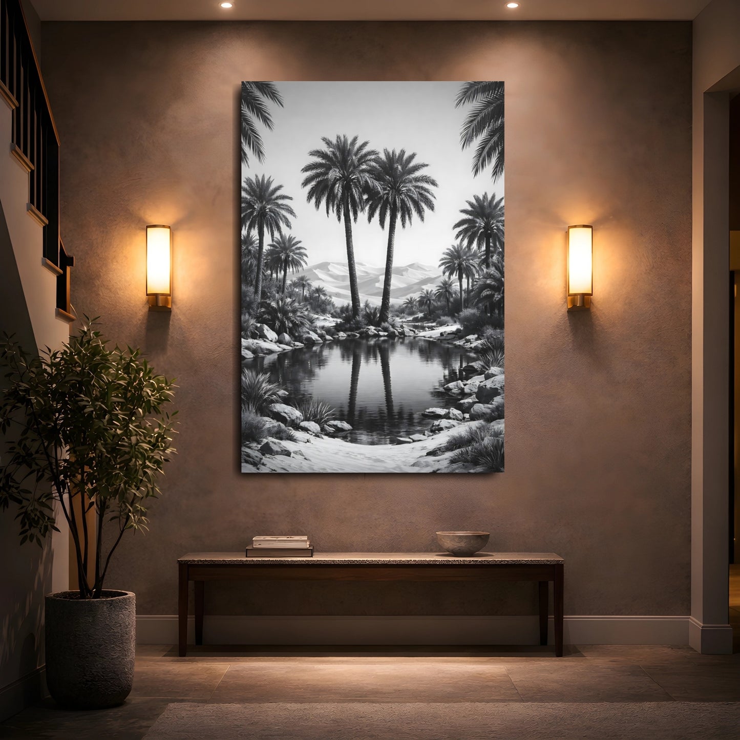 Mockup 4. Nature Palm Trees Black And White shown as stretched canvas wall art