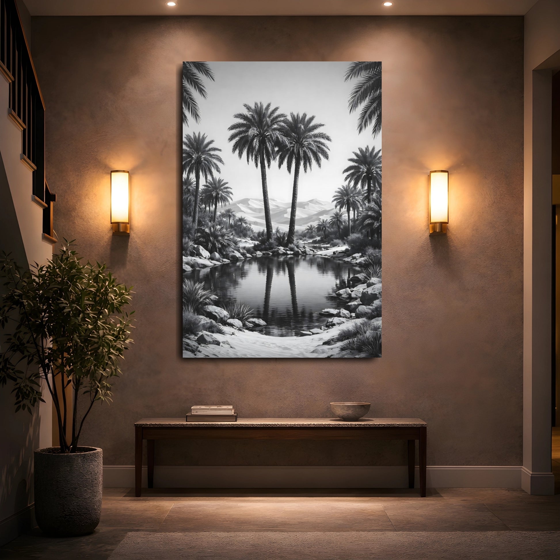 Mockup 4. Nature Palm Trees Black And White shown as stretched canvas wall art