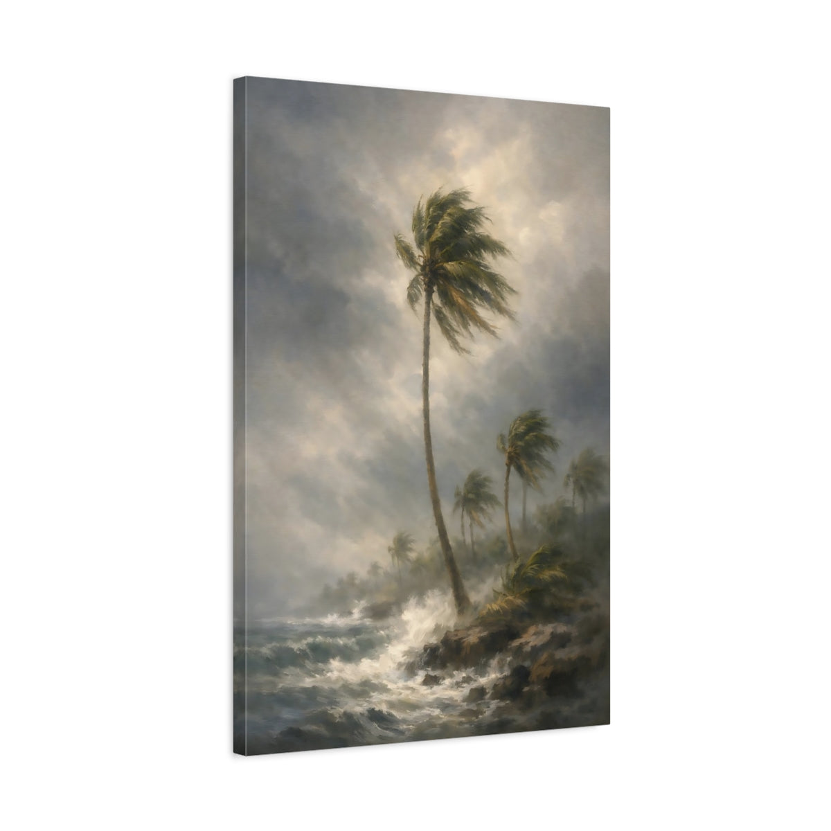 Side Mockup 2. Nature Palm Trees Stormy Coastal shown as stretched canvas wall art