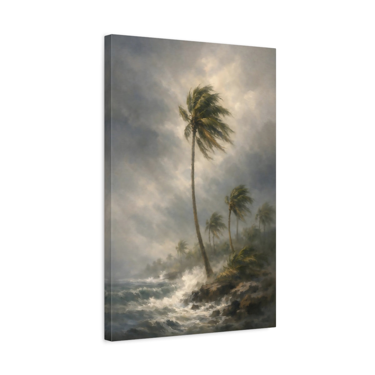 Side Mockup 3. Nature Palm Trees Stormy Coastal shown as stretched canvas wall art