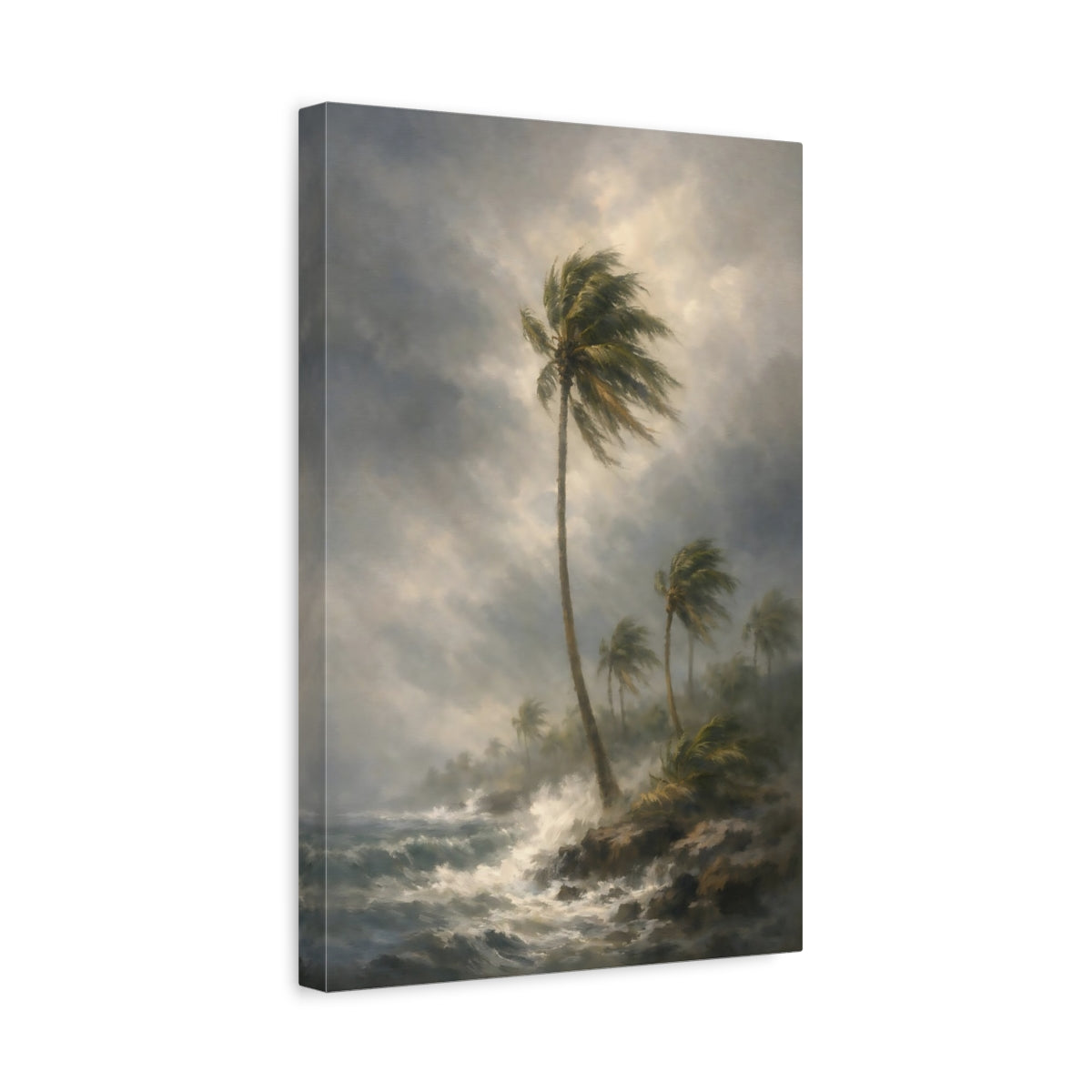 Side Mockup 4. Nature Palm Trees Stormy Coastal shown as stretched canvas wall art