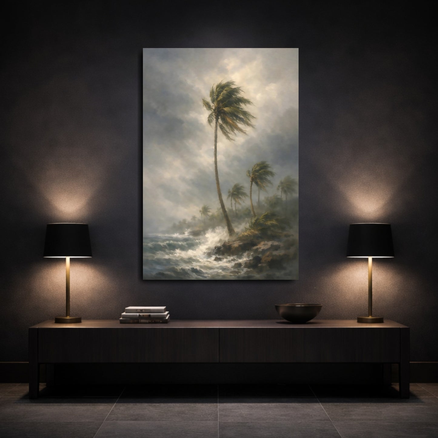 Mockup 2. Nature Palm Trees Stormy Coastal shown as stretched canvas wall art