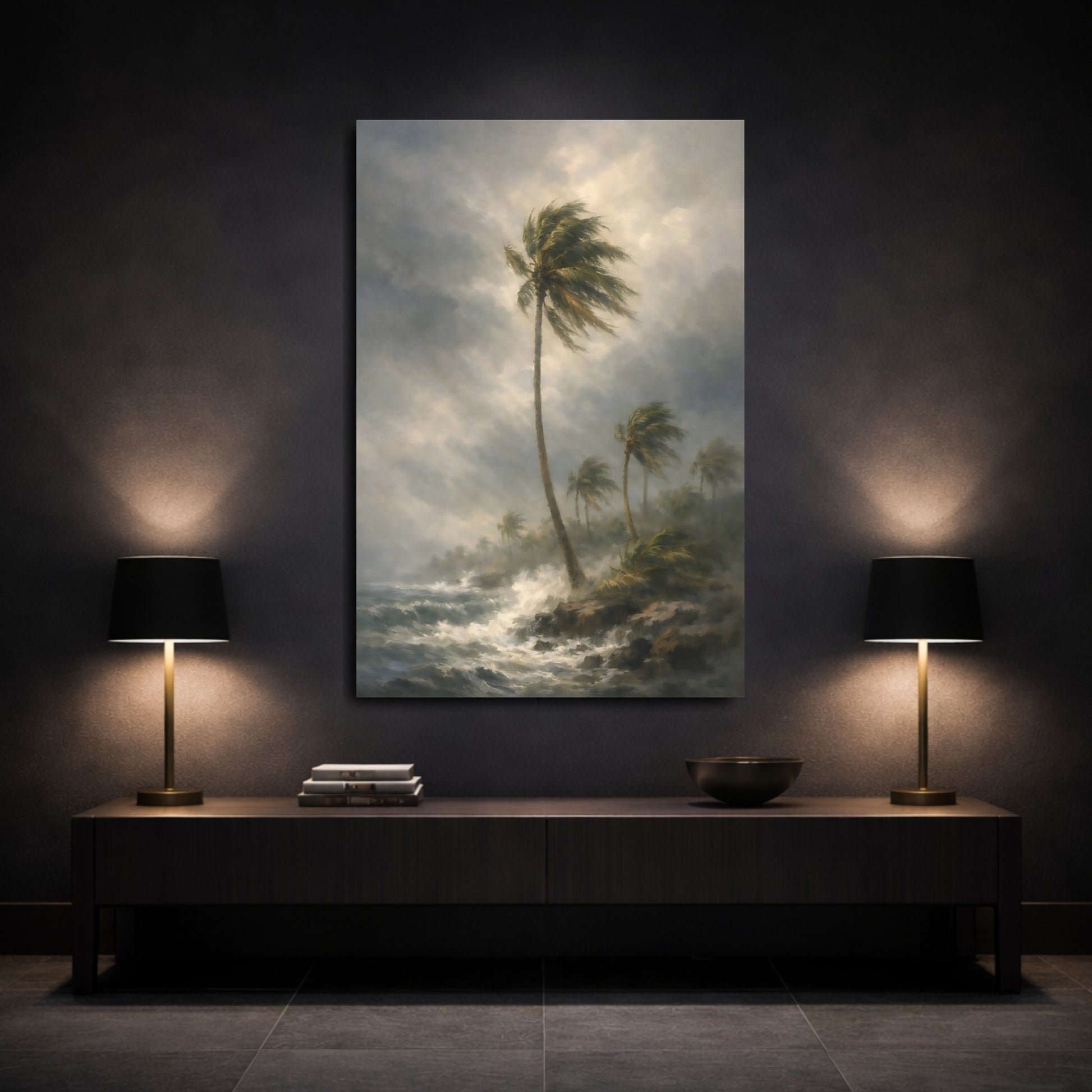 Mockup 2. Nature Palm Trees Stormy Coastal shown as stretched canvas wall art