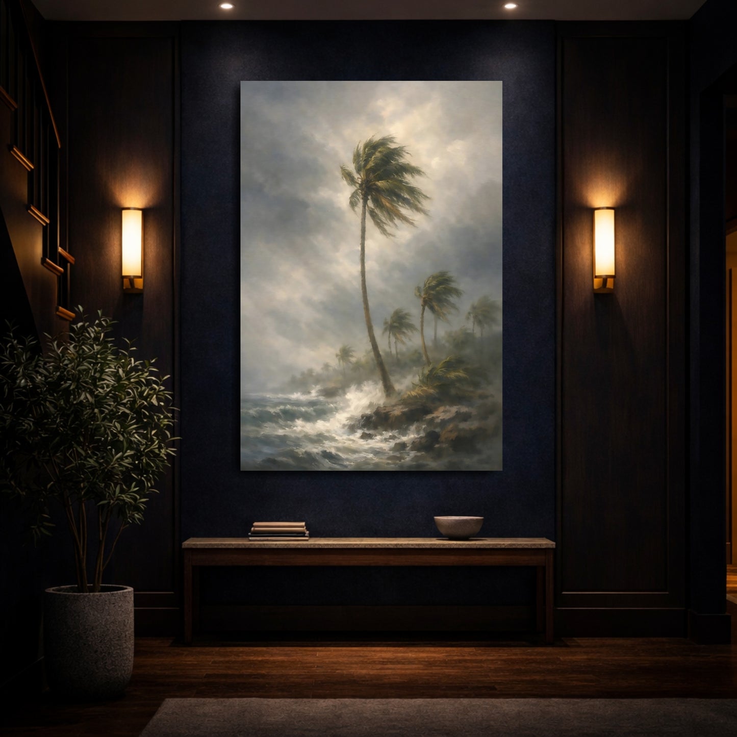 Mockup 3. Nature Palm Trees Stormy Coastal shown as stretched canvas wall art