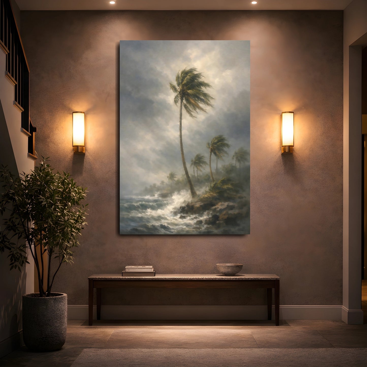 Mockup 4. Nature Palm Trees Stormy Coastal shown as stretched canvas wall art