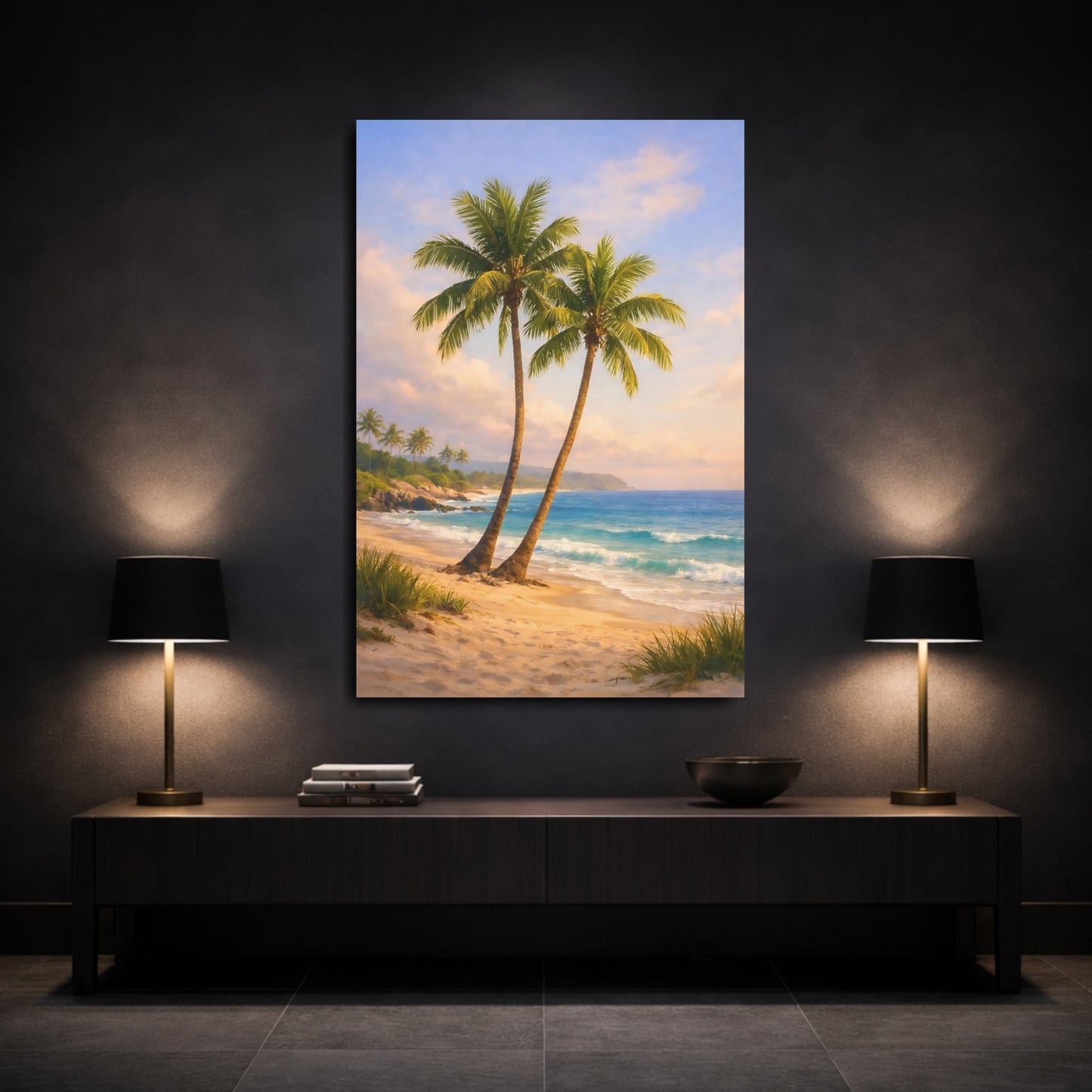 Mockup 2. Nature Palm Trees Tropical Beach Palms shown as stretched canvas wall art