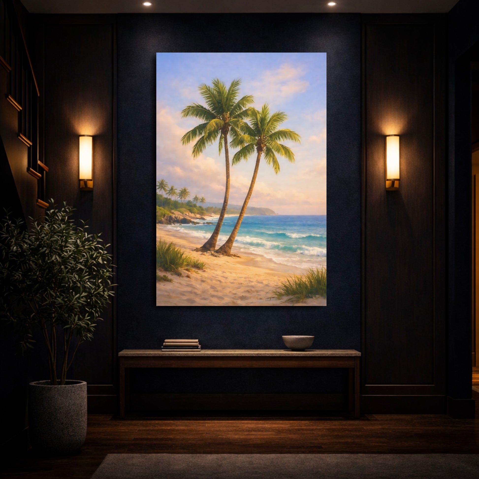 Mockup 3. Nature Palm Trees Tropical Beach Palms shown as stretched canvas wall art