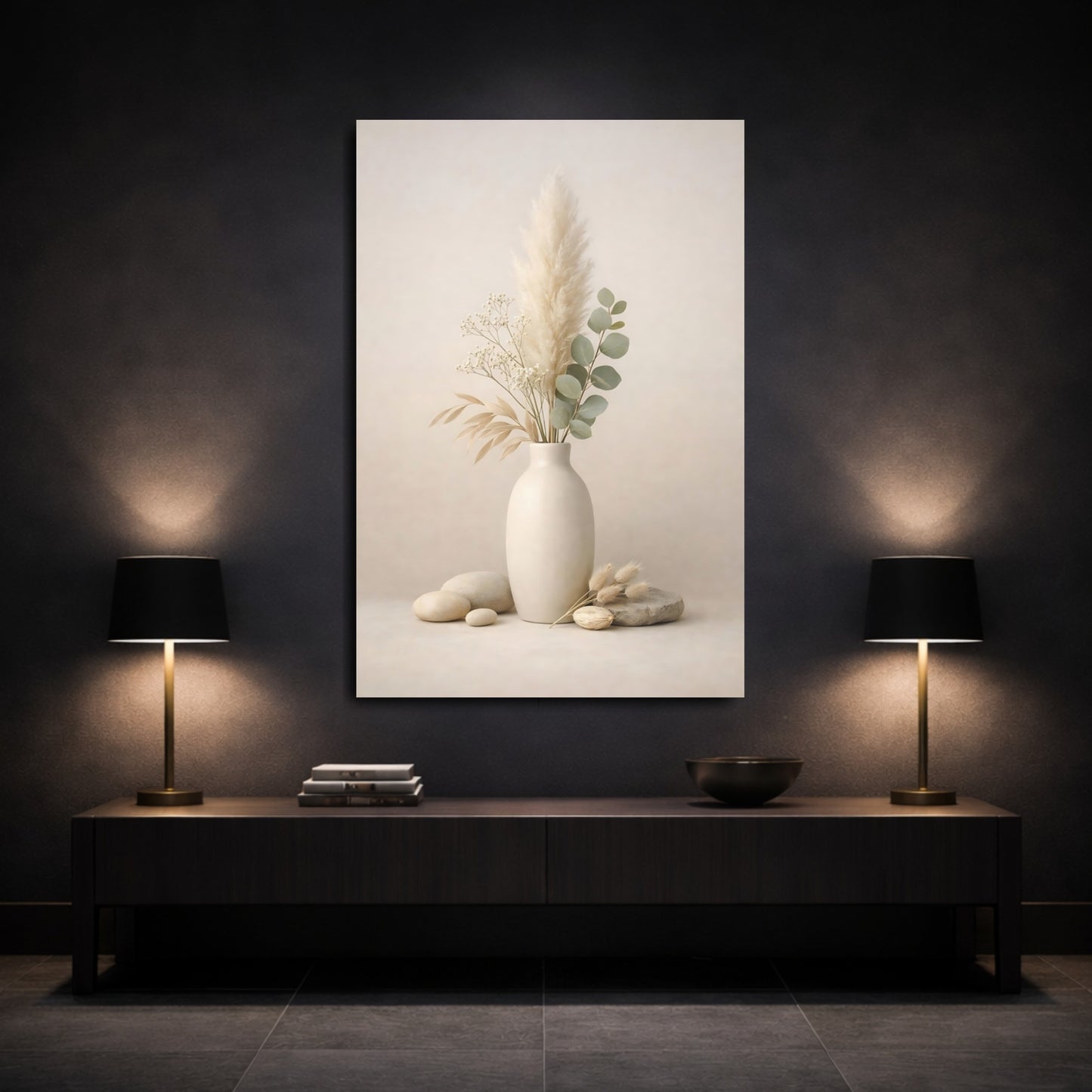 Nature Pampas Eucalyptus Neutral Botanical shown as front canvas room wall art
