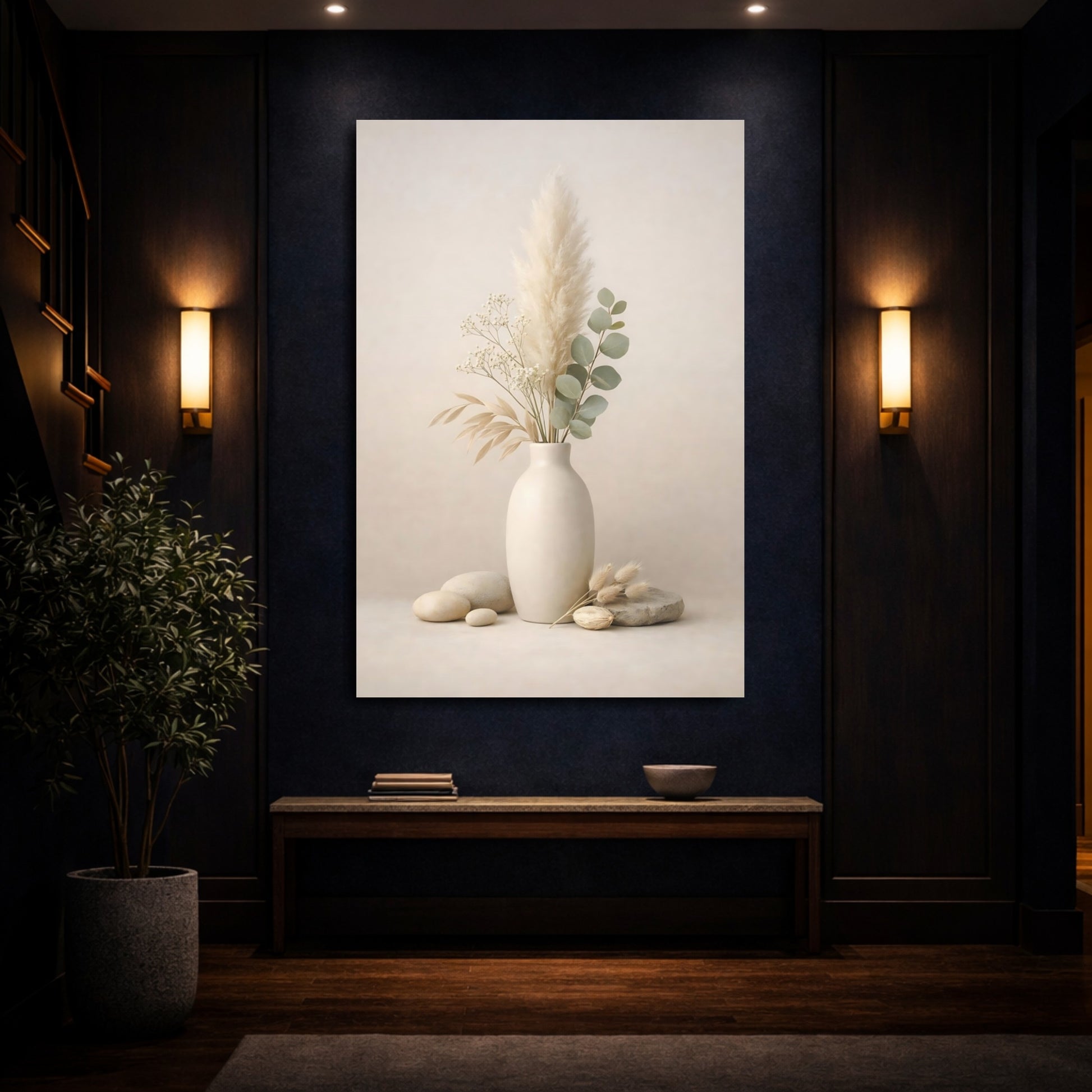 Nature Pampas Eucalyptus Neutral Botanical shown as front canvas room wall art