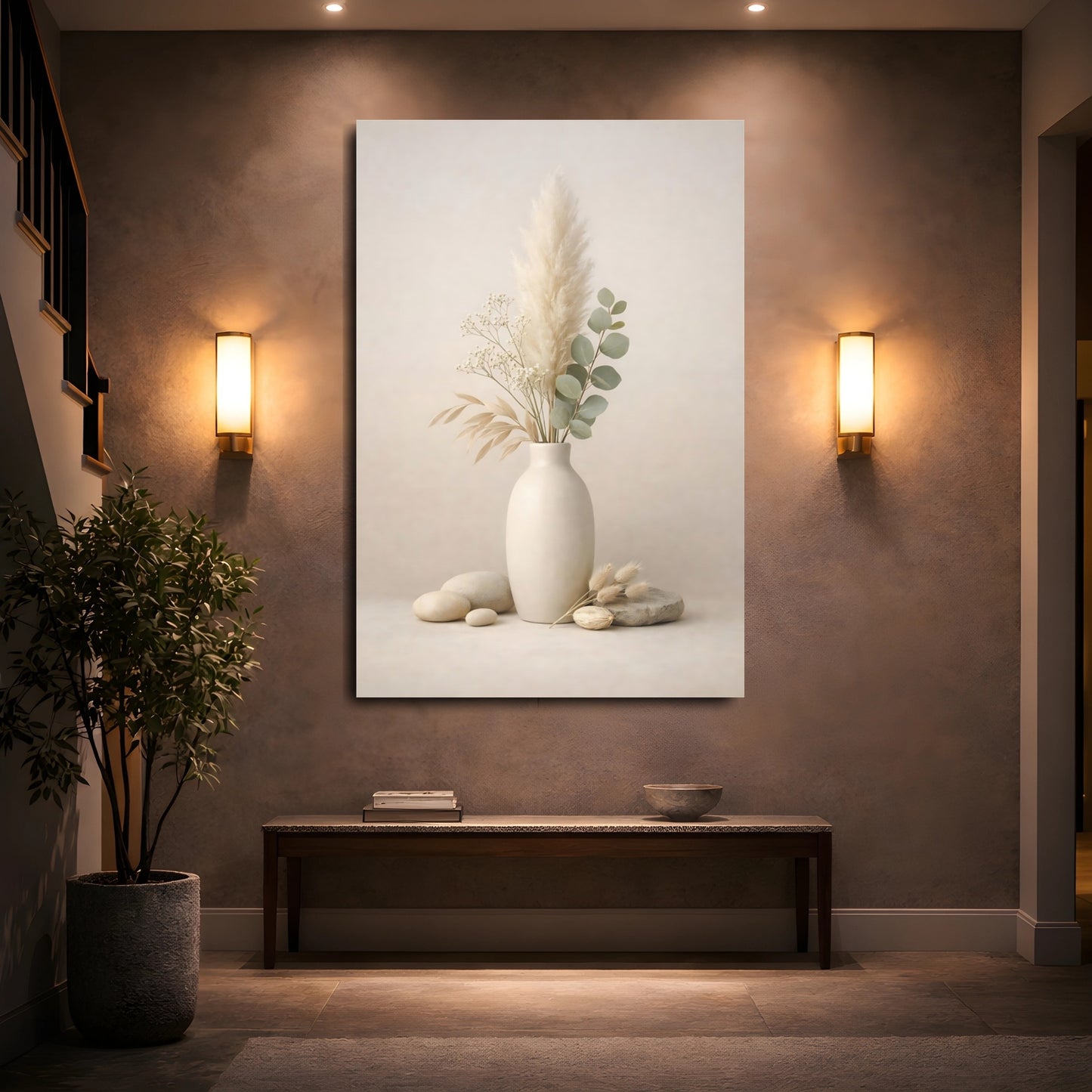 Nature Pampas Eucalyptus Neutral Botanical shown as front canvas room wall art