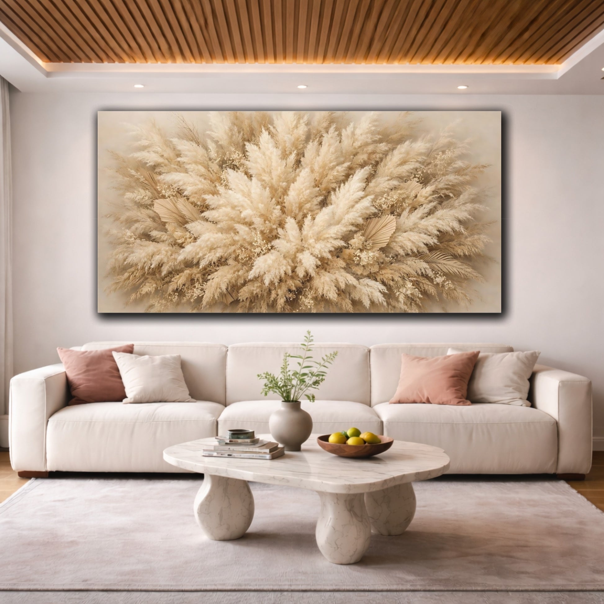 Mockup 3. Nature Pampas Grass Beige Pampas Grass shown as stretched canvas wall art