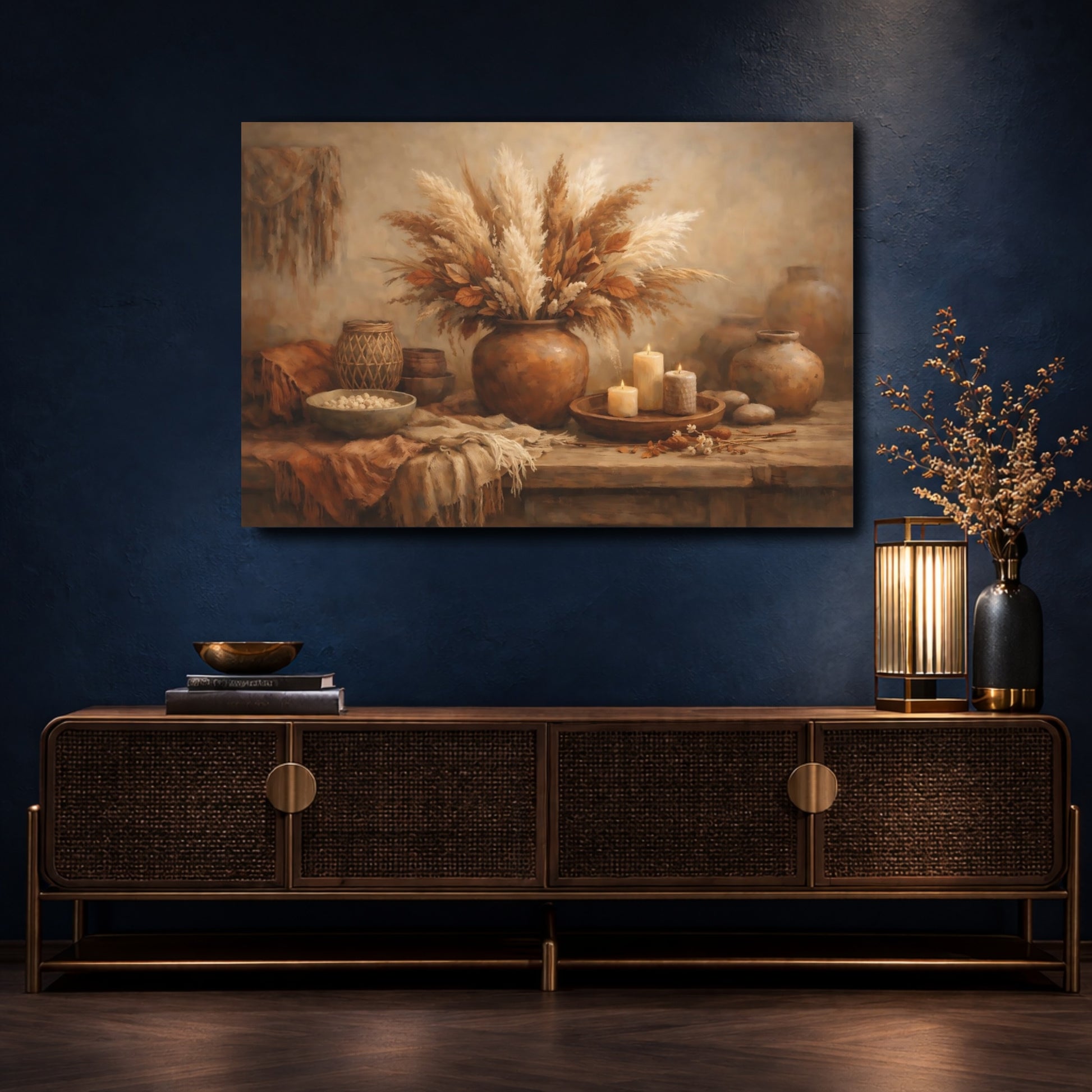 Mockup 4. Nature Pampas Grass Boho Still Life shown as stretched canvas wall art