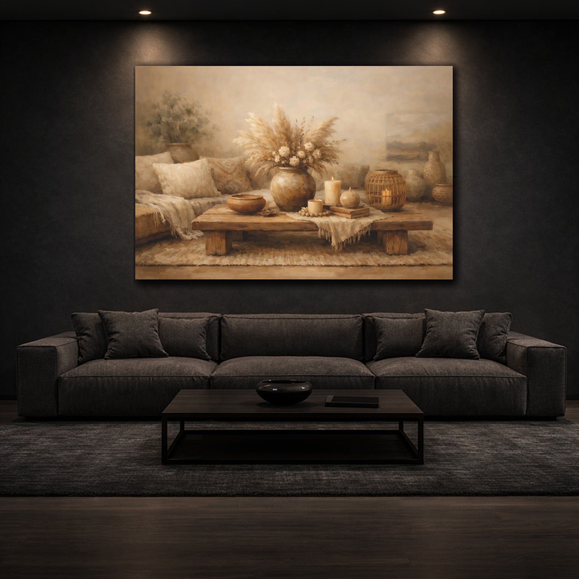 Mockup 2. Nature Pampas Grass Brown And Beige shown as stretched canvas wall art