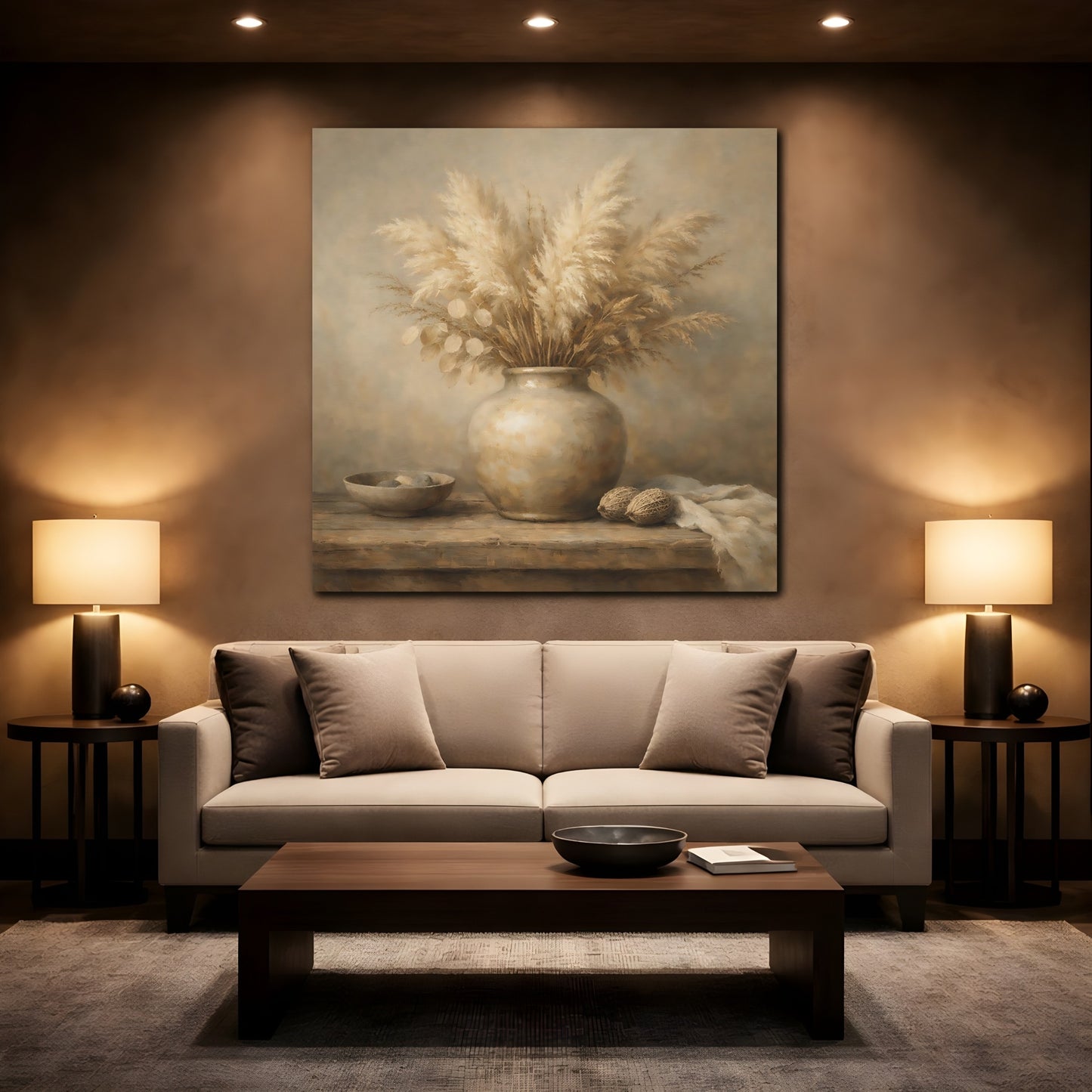 Mockup 2. Nature Pampas Grass Brown And Beige shown as stretched canvas wall art