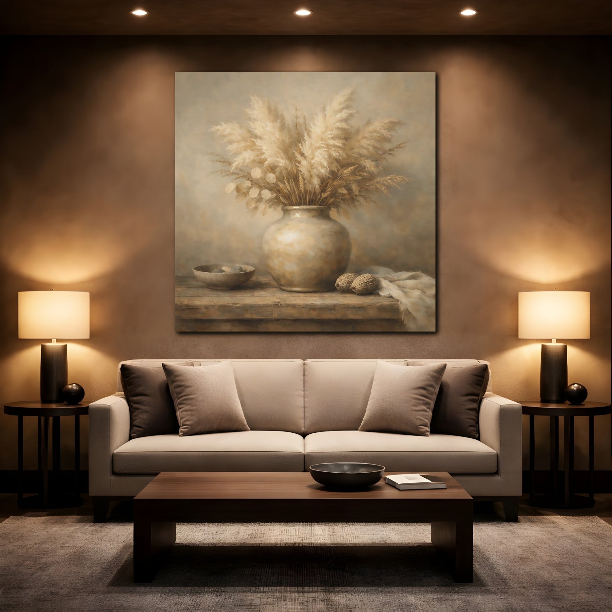 Mockup 2. Nature Pampas Grass Brown And Beige shown as stretched canvas wall art