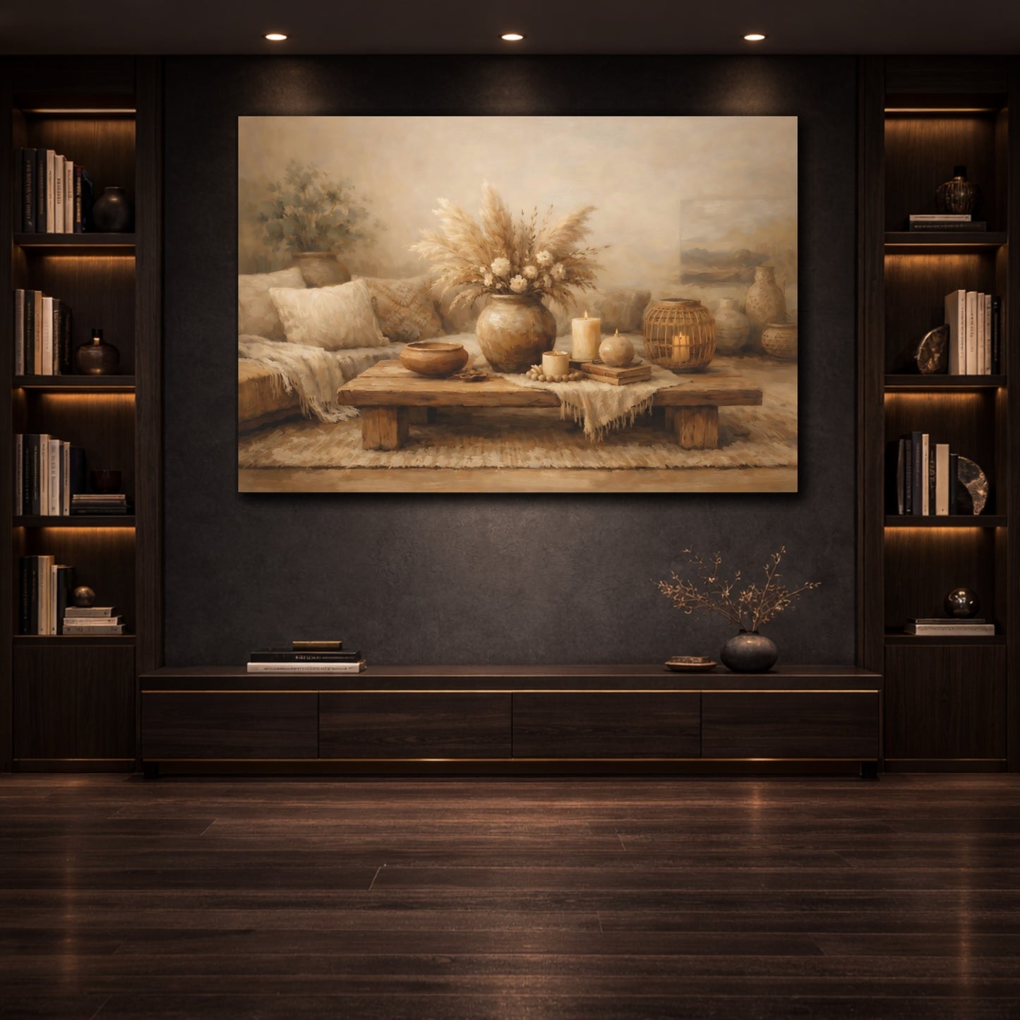 Mockup 3. Nature Pampas Grass Brown And Beige shown as stretched canvas wall art