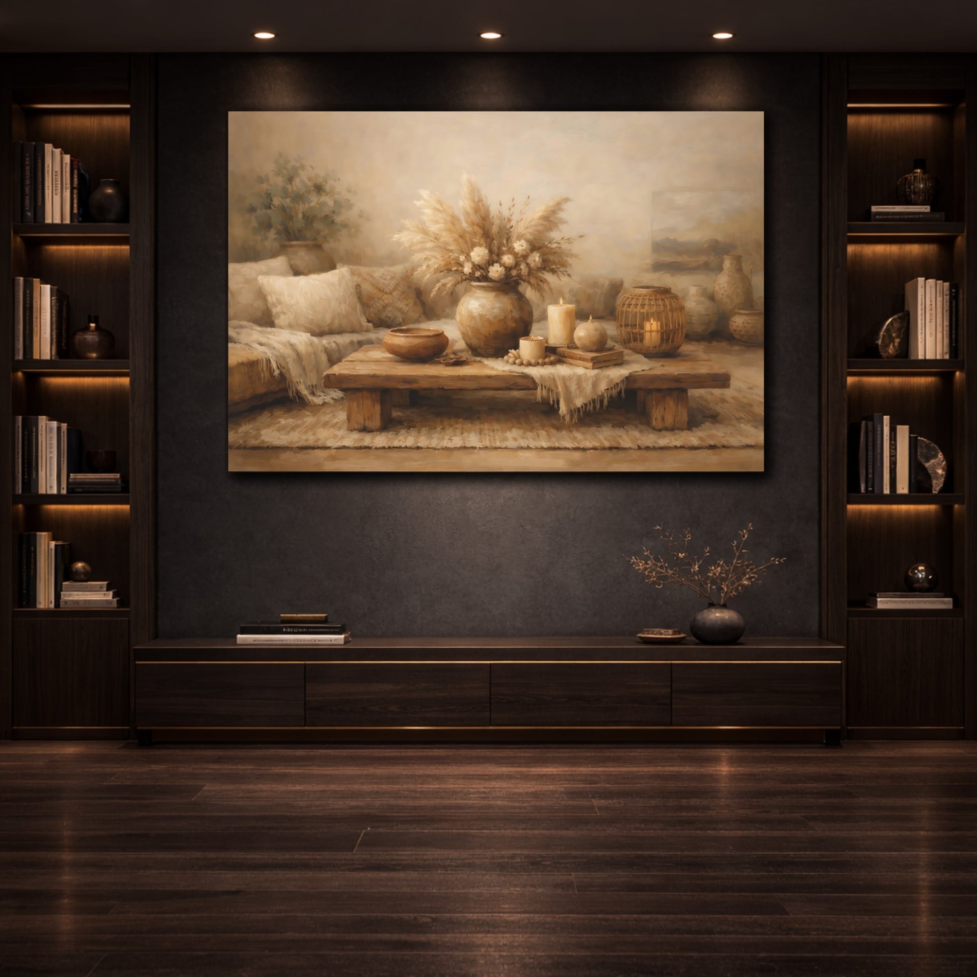 Mockup 3. Nature Pampas Grass Brown And Beige shown as stretched canvas wall art
