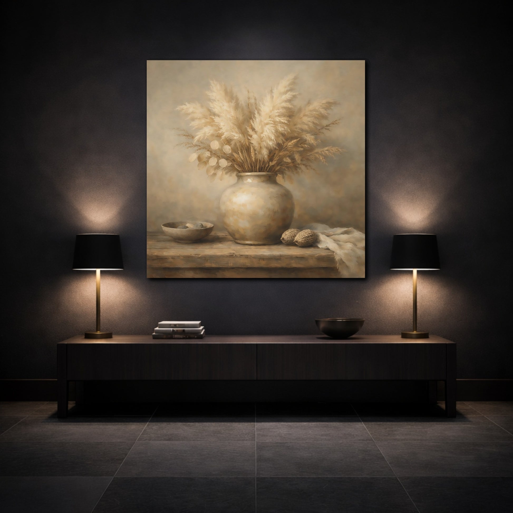 Mockup 3. Nature Pampas Grass Brown And Beige shown as stretched canvas wall art