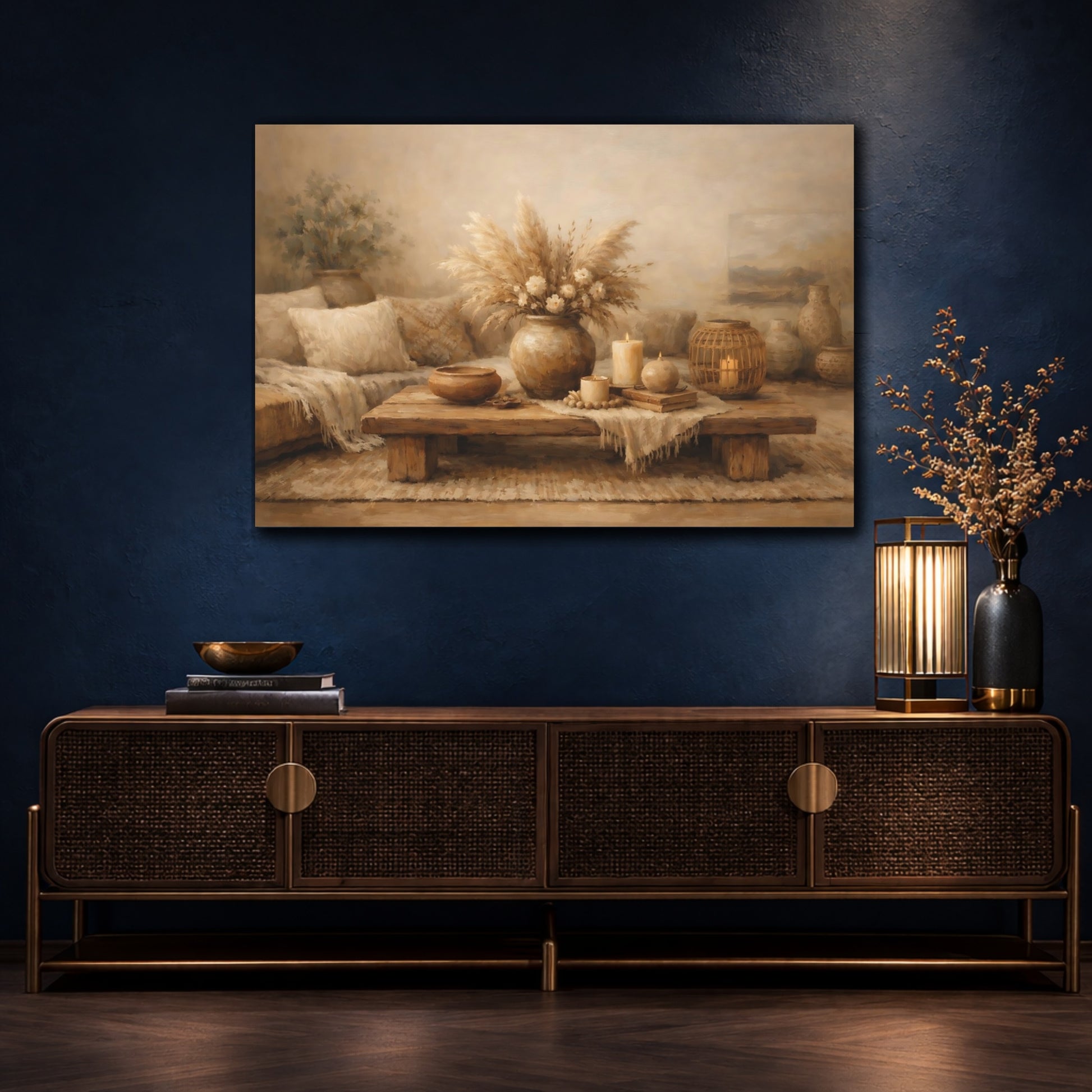 Mockup 4. Nature Pampas Grass Brown And Beige shown as stretched canvas wall art