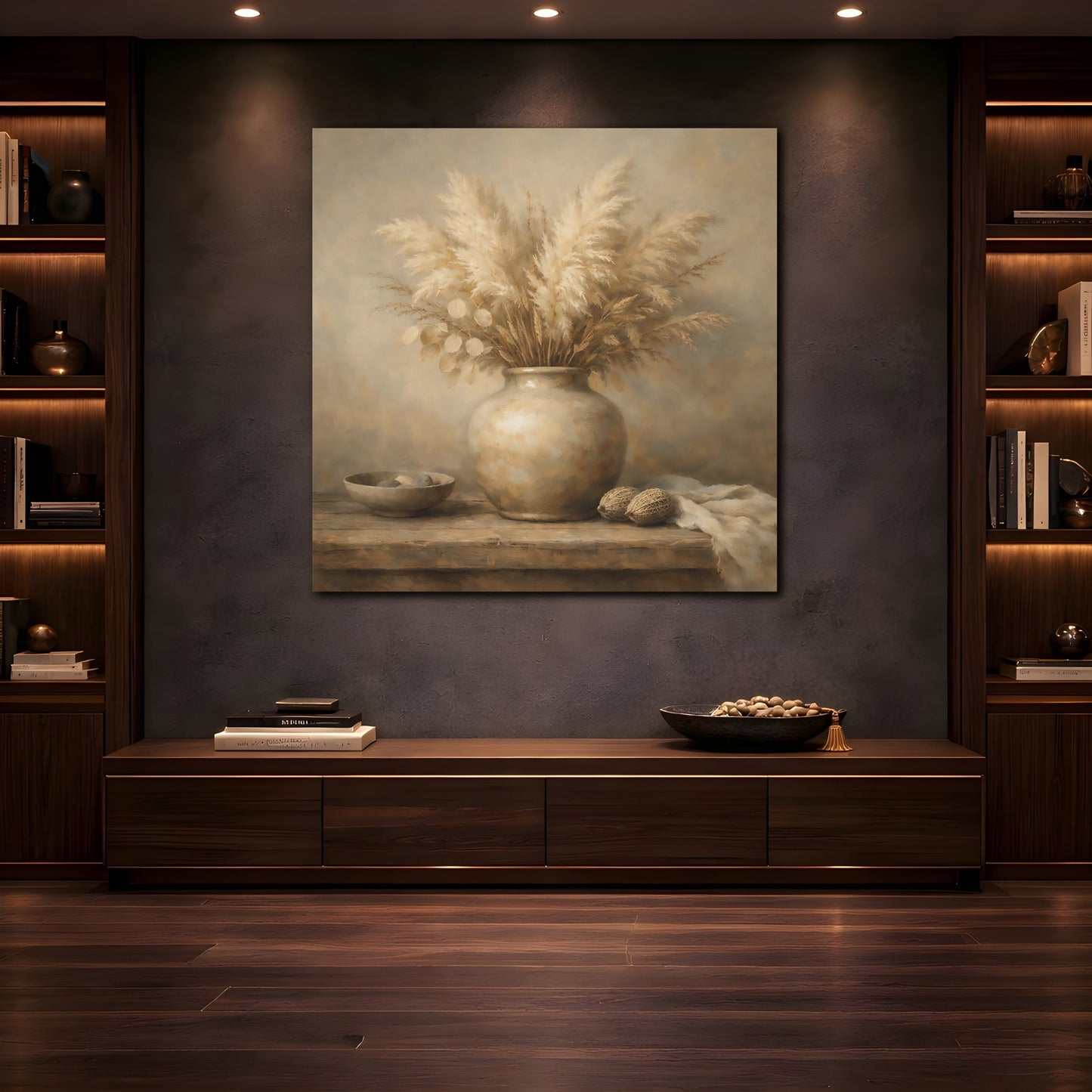 Mockup 4. Nature Pampas Grass Brown And Beige shown as stretched canvas wall art