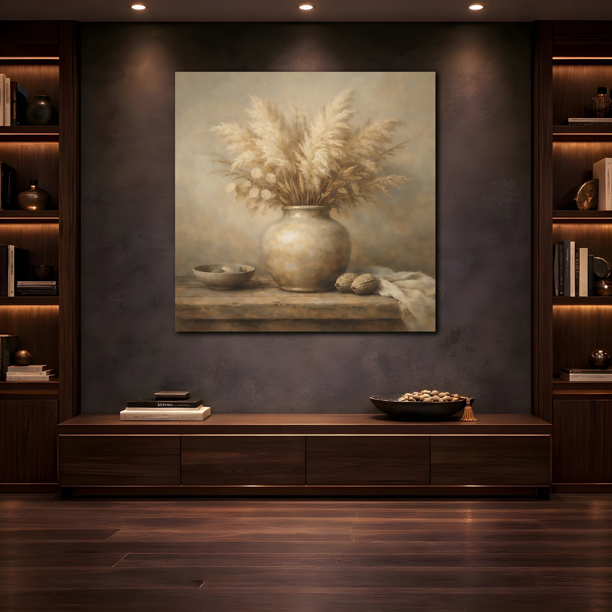 Mockup 4. Nature Pampas Grass Brown And Beige shown as stretched canvas wall art
