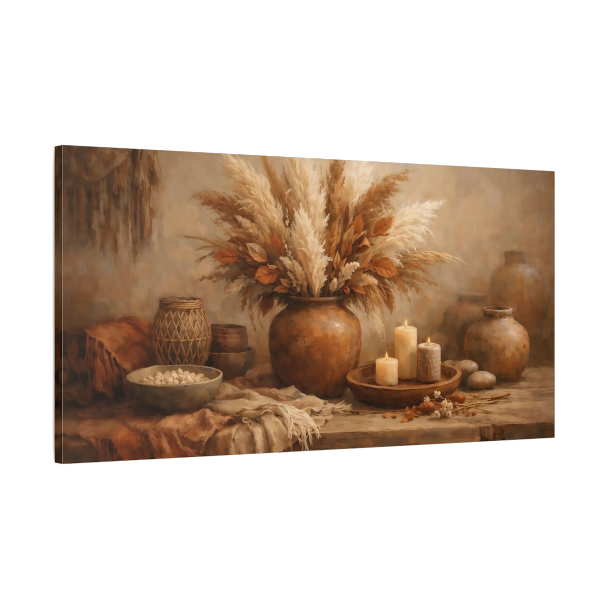 Side Mockup 1. Nature Pampas Grass Brown Beige Still Life shown as stretched canvas wall art