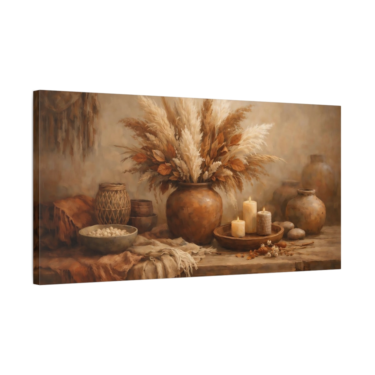 Side Mockup 2. Nature Pampas Grass Brown Beige Still Life shown as stretched canvas wall art