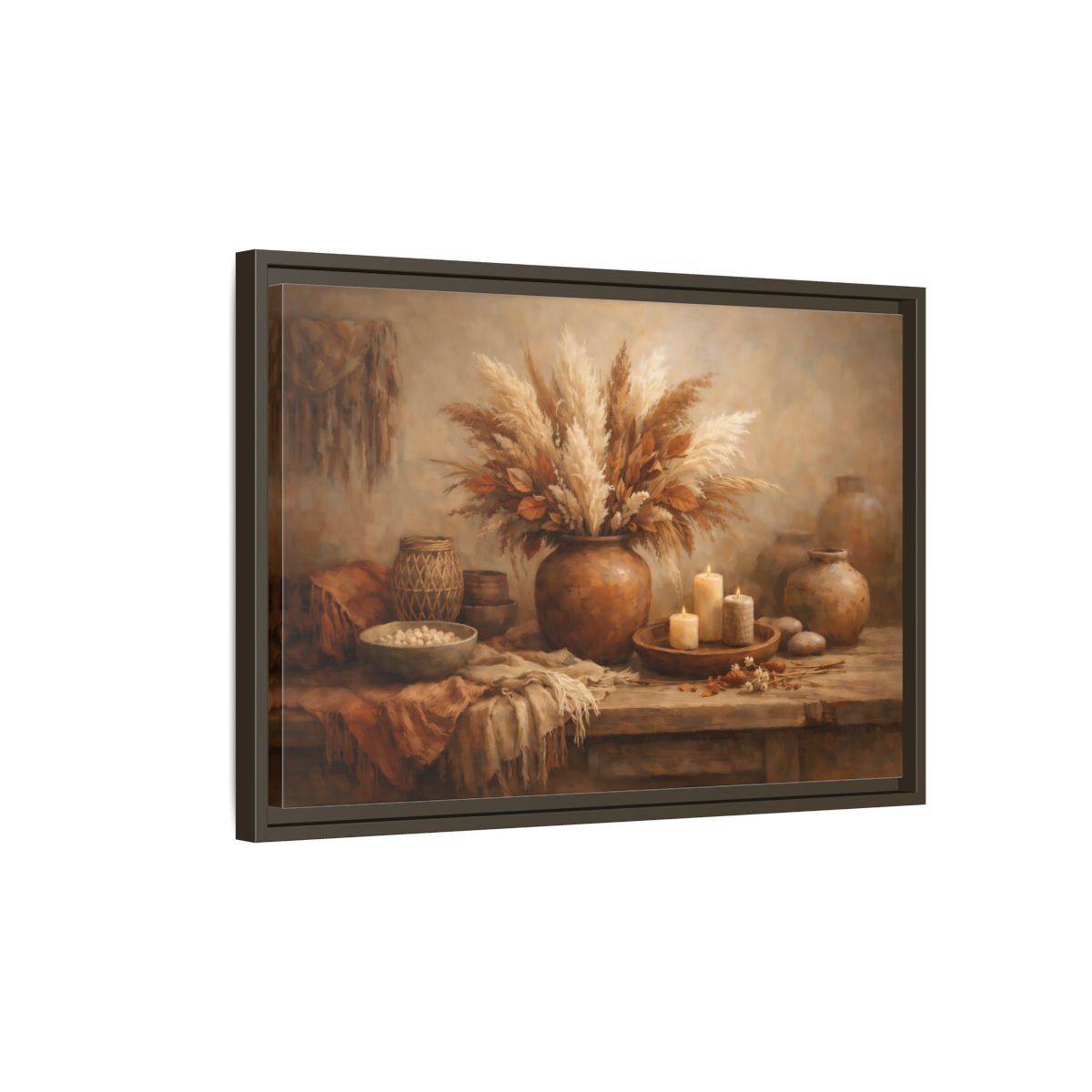 Side Mockup 2. Nature Pampas Grass Brown Beige Still Life shown as stretched canvas wall art