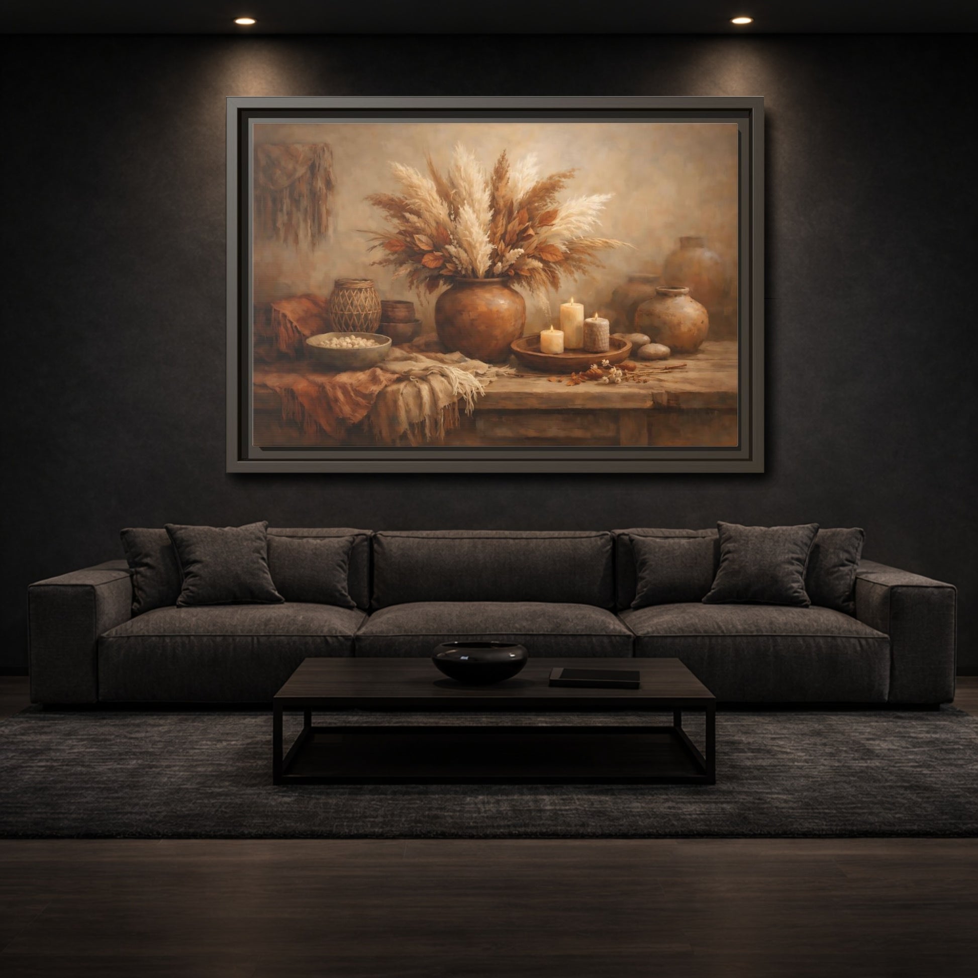 Mockup 2. Nature Pampas Grass Brown Beige Still Life shown as stretched canvas wall art
