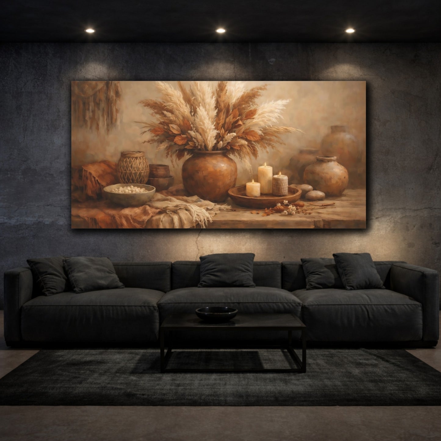 Mockup 2. Nature Pampas Grass Brown Beige Still Life shown as stretched canvas wall art