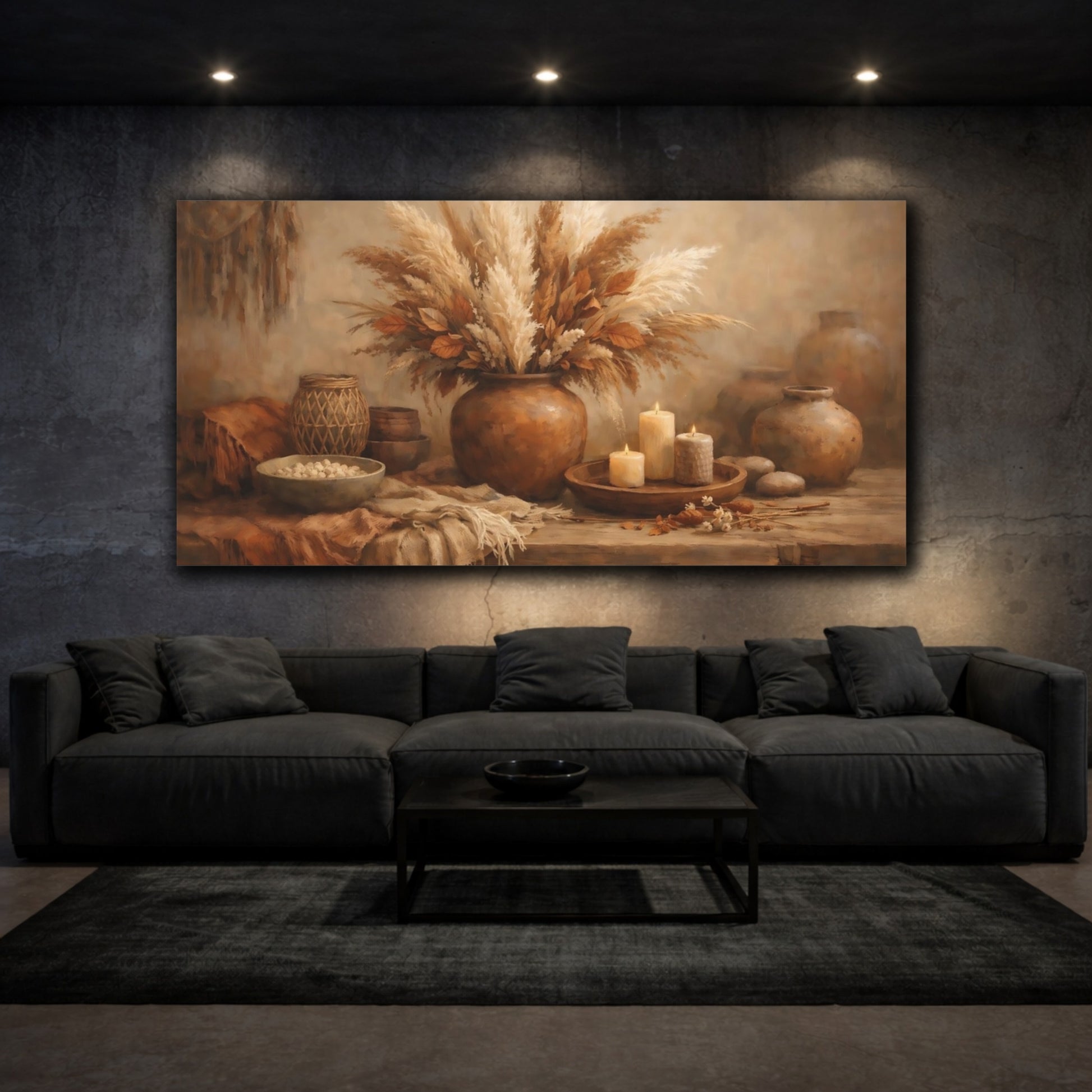 Mockup 2. Nature Pampas Grass Brown Beige Still Life shown as stretched canvas wall art